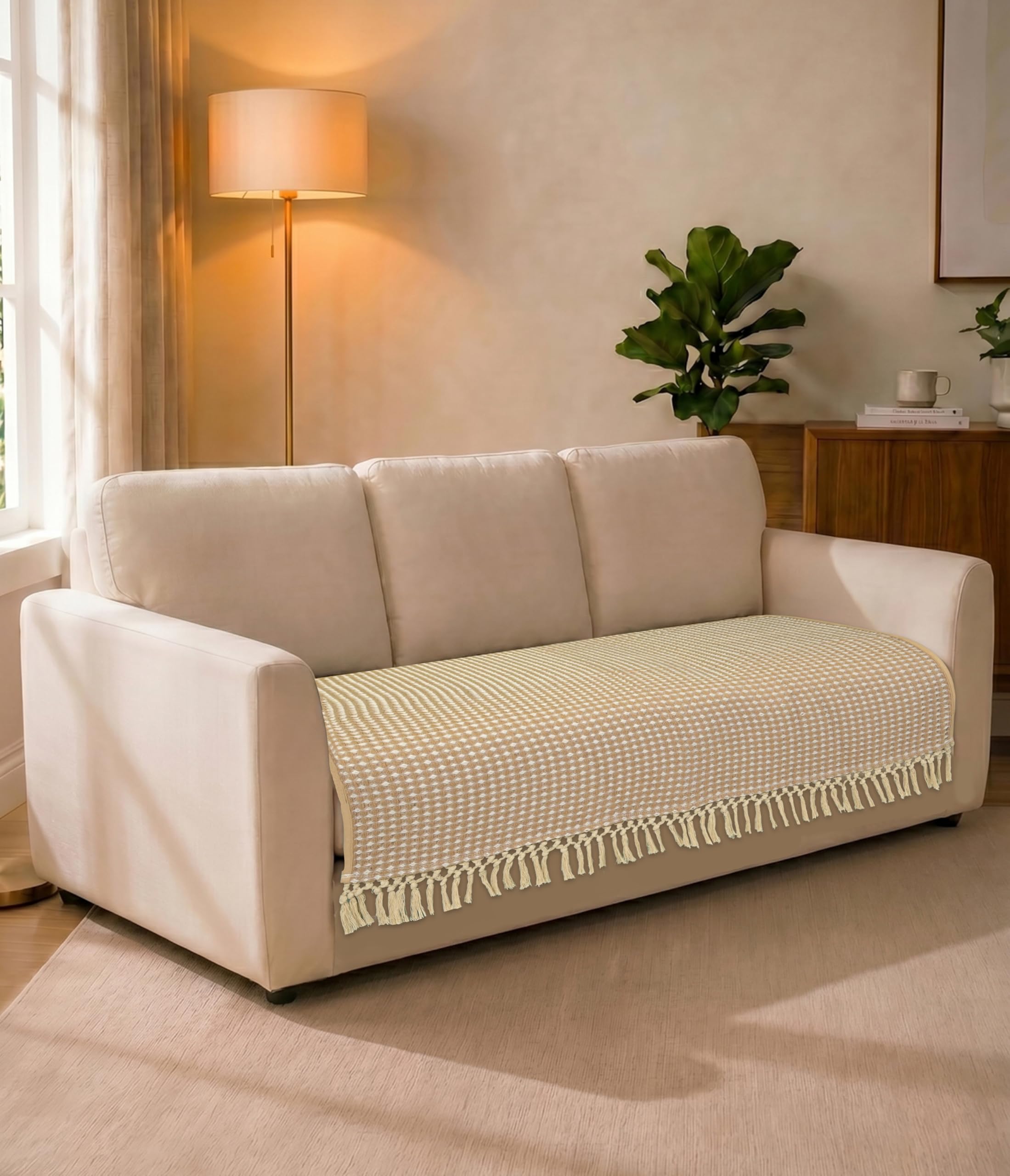 Saral Home Comfy Sofa Seat Cover | Cotton Polyester Sofa Cover with Elegant Fringe Design | Geometric Woven Sofa Cover for 3 Seater Sofa| Sofa Protector | Beige, 70x180 cm-picture-15