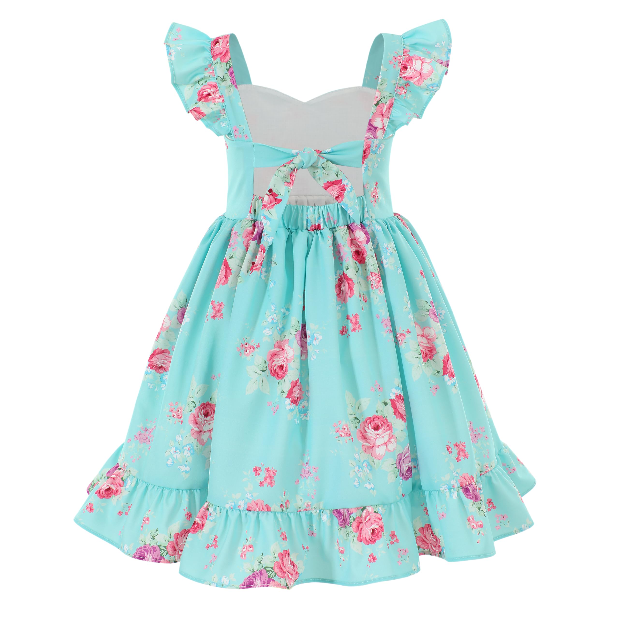 Flofallzique Summer Girls Floral Dress Ruffle Sleeve Tie Back Vintage Toddler Birthday Tea Party Dresses