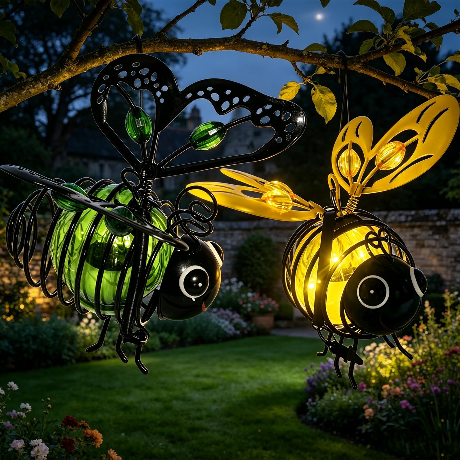 Solar Powered Hanging Bee Garden Light Outdoor, Metal Waterproof Garden Lantern, Auto-On Led Fairy Decor for Patio Yard Pathway (2pcs-b)