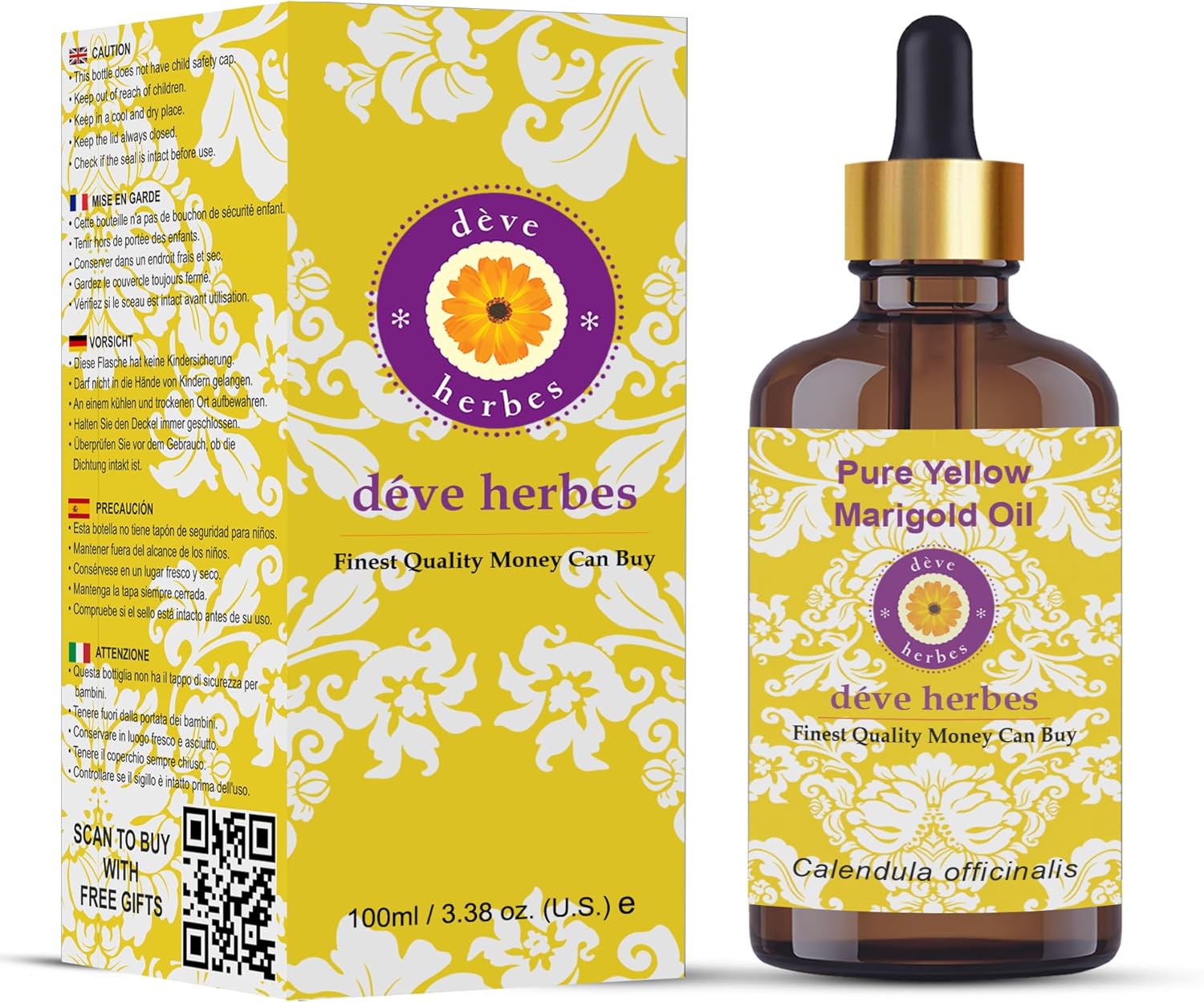 dève herbes Pure Yellow Marigold Oil (Calendula officinalis) with Glass Dropper Infused (Pack of Two) 100ml X 2 (6.76 oz)