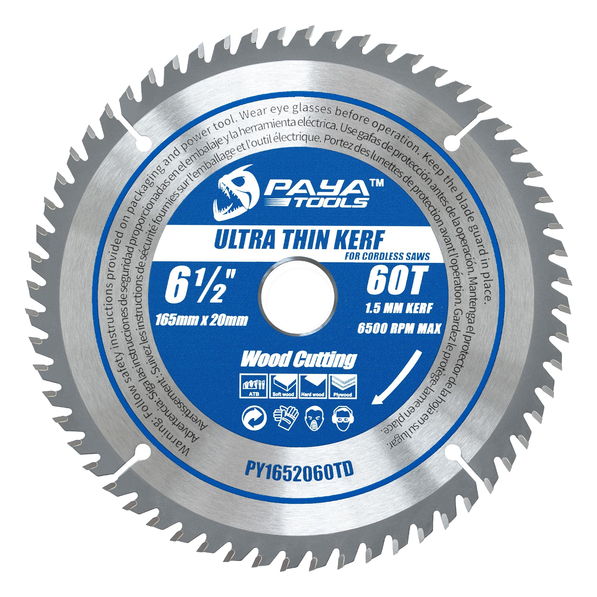 PAYA TCT Kreissägeblatt Ø 165 mm x 20 mm 60 Zähne Ultradünner Schnitt Kreissäge Zubehör Sägen Heimwerken Schneiden Brennholz Für Paletten, Holz etc. PY1652060TD TÜV Rheinland Tested and Certified