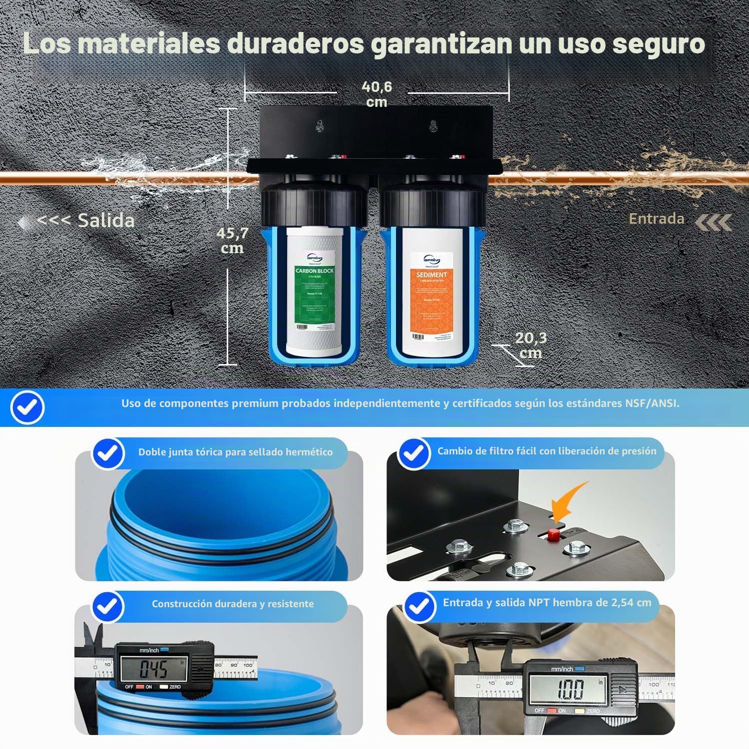 iSpring WGB21B+AH12MN16X2 Sistema de filtración de agua de 2 etapas para toda la casa con conectores de manguera de acero inoxidable trenzado a presión de 0.75 pulgadas y válvula de bola, azul