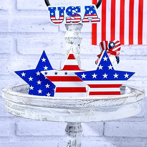 Miniatura 4 de Whaline 6 piezas de decoración patriótica de mesa de estrellas de madera, estilo clásico de estrella y purpurina, rojo, azul, blanco, 3.9 x 0.6