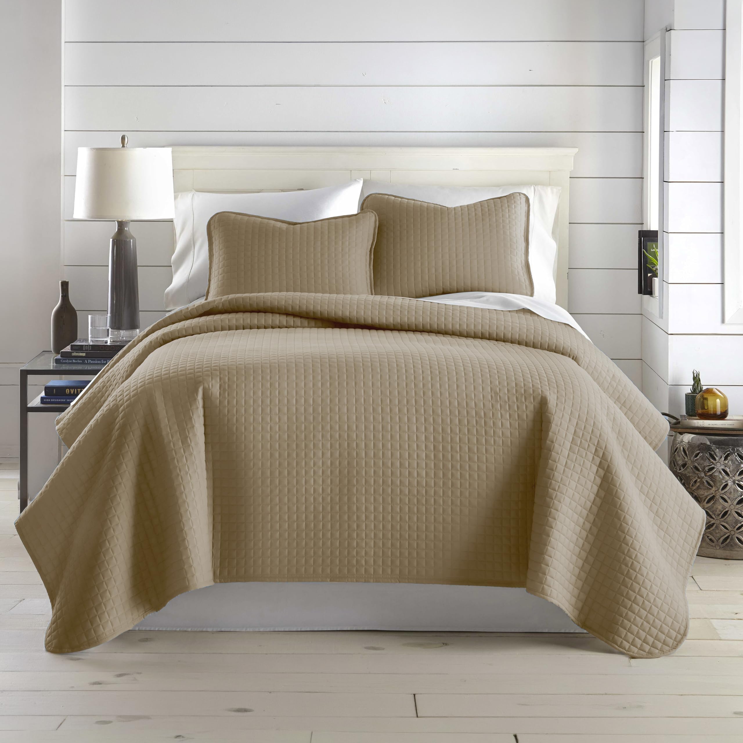 Oversized King Quilt Bedding Set with 2 Quilted Pillow Shams, Taupe Quilts