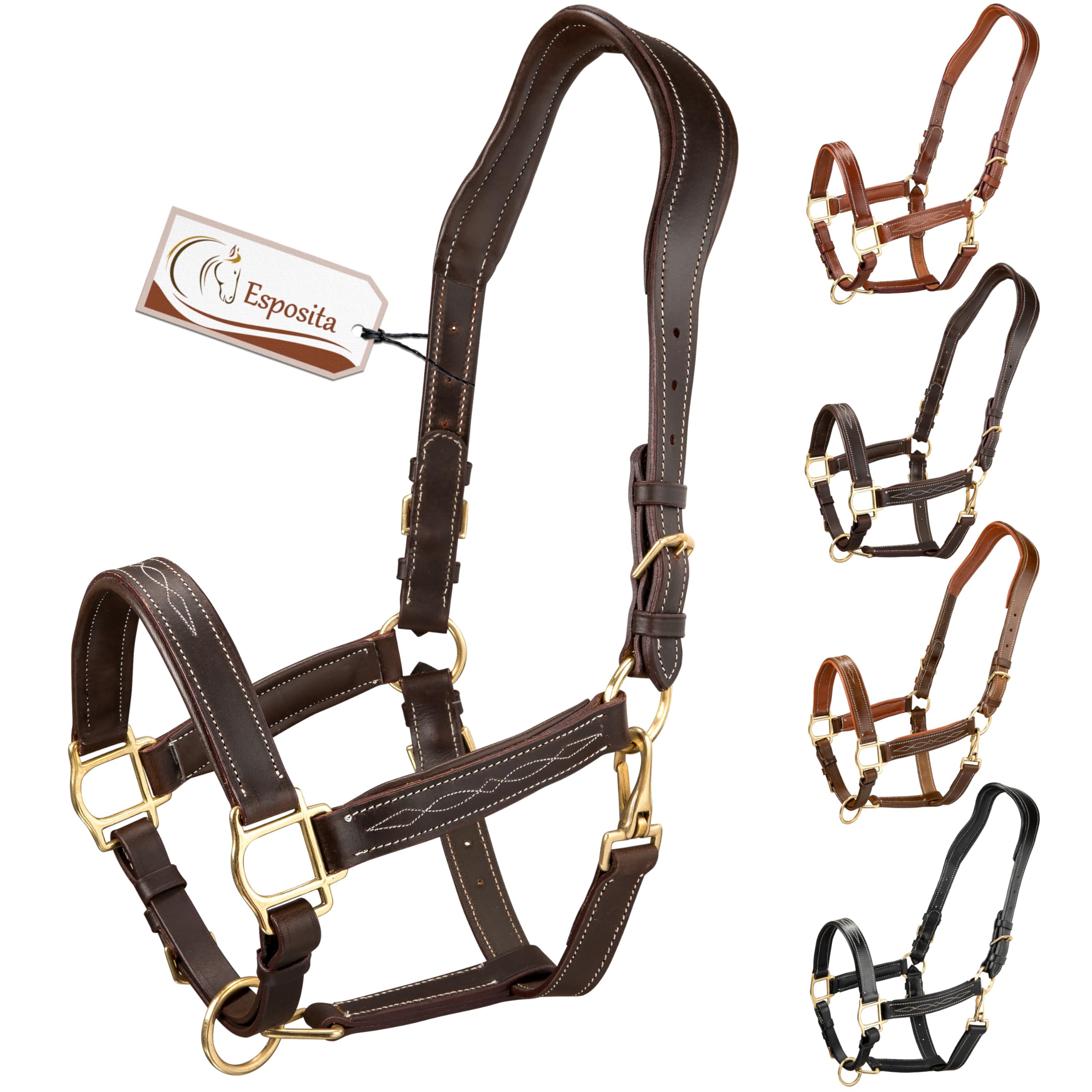 Esposita anatomisches Lederhalfter Deluxe Halfter aus Leder für Pferde Stallhalfter Pferdehalfter - Schoko Braun Pony