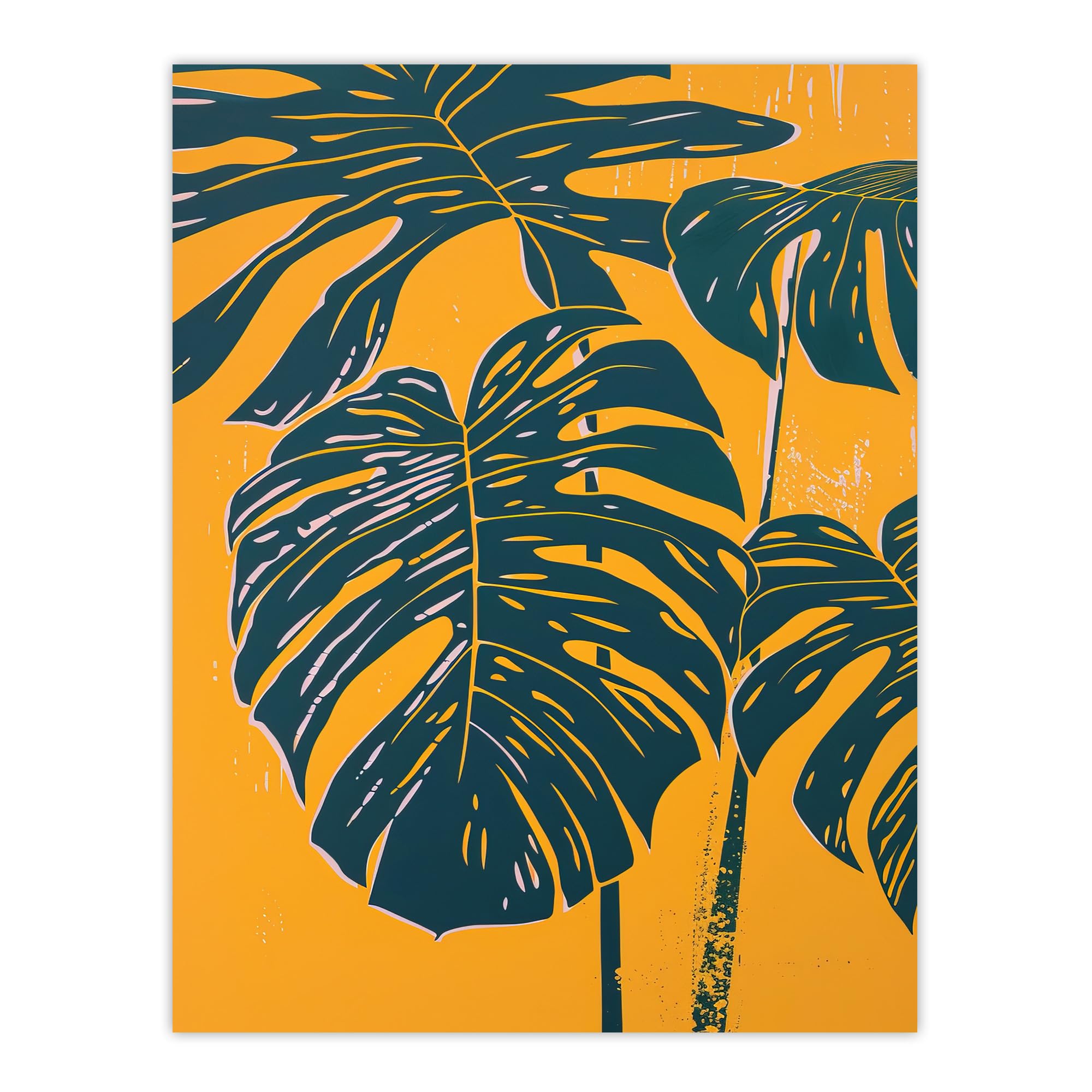 Monstera Leaves Wall Art Print - Dark Green Yellow - W24 inch x H32 inch - Artery8