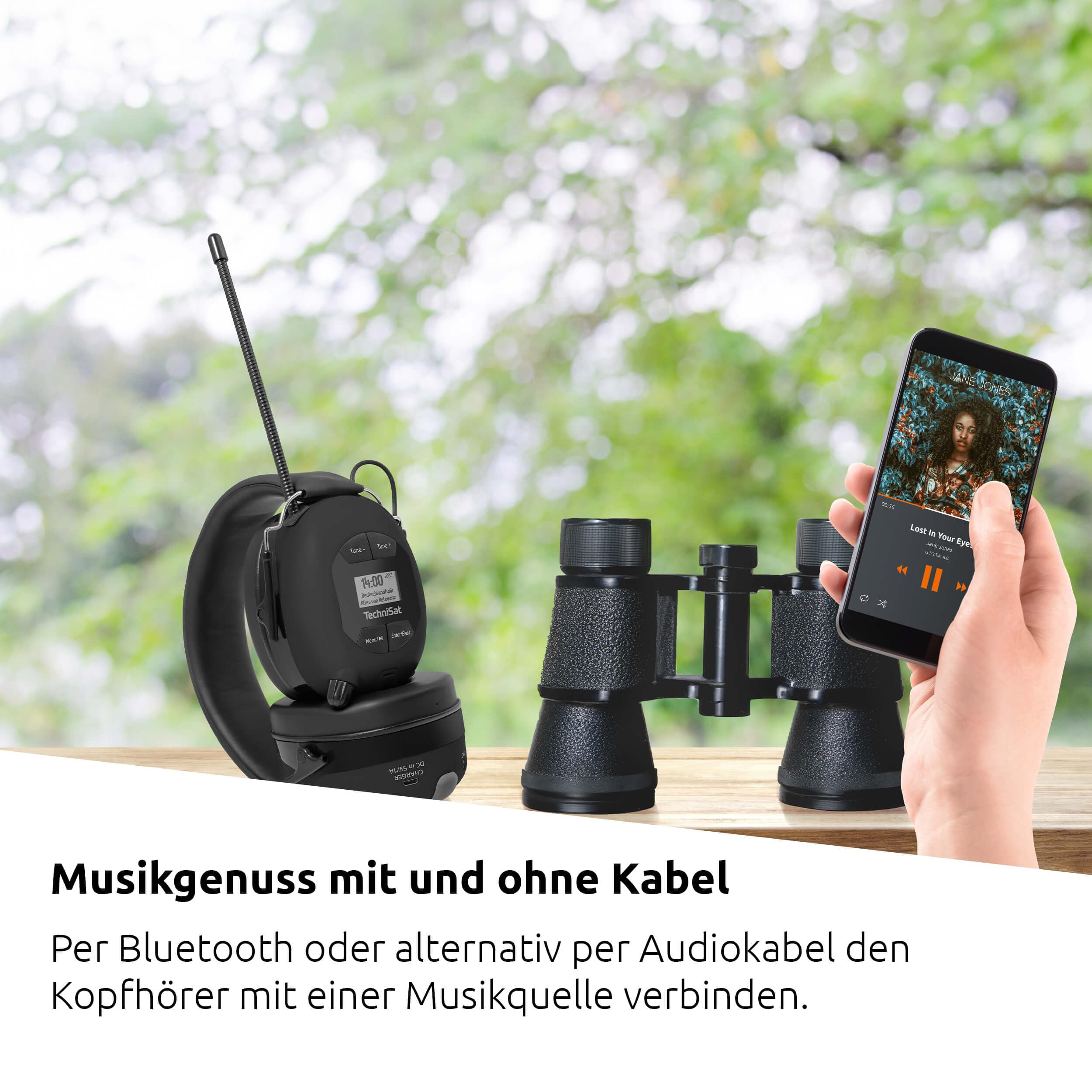 TechniSat STEREOMAN DAB+ OD – kabelloser Stereo DAB+/FM Bluetooth-Kopfhörer (Radioempfang, Kurze Antenne, Integriertes Mikrofon, Kapselgehörschutz, für den Außeneinsatz) schwarz