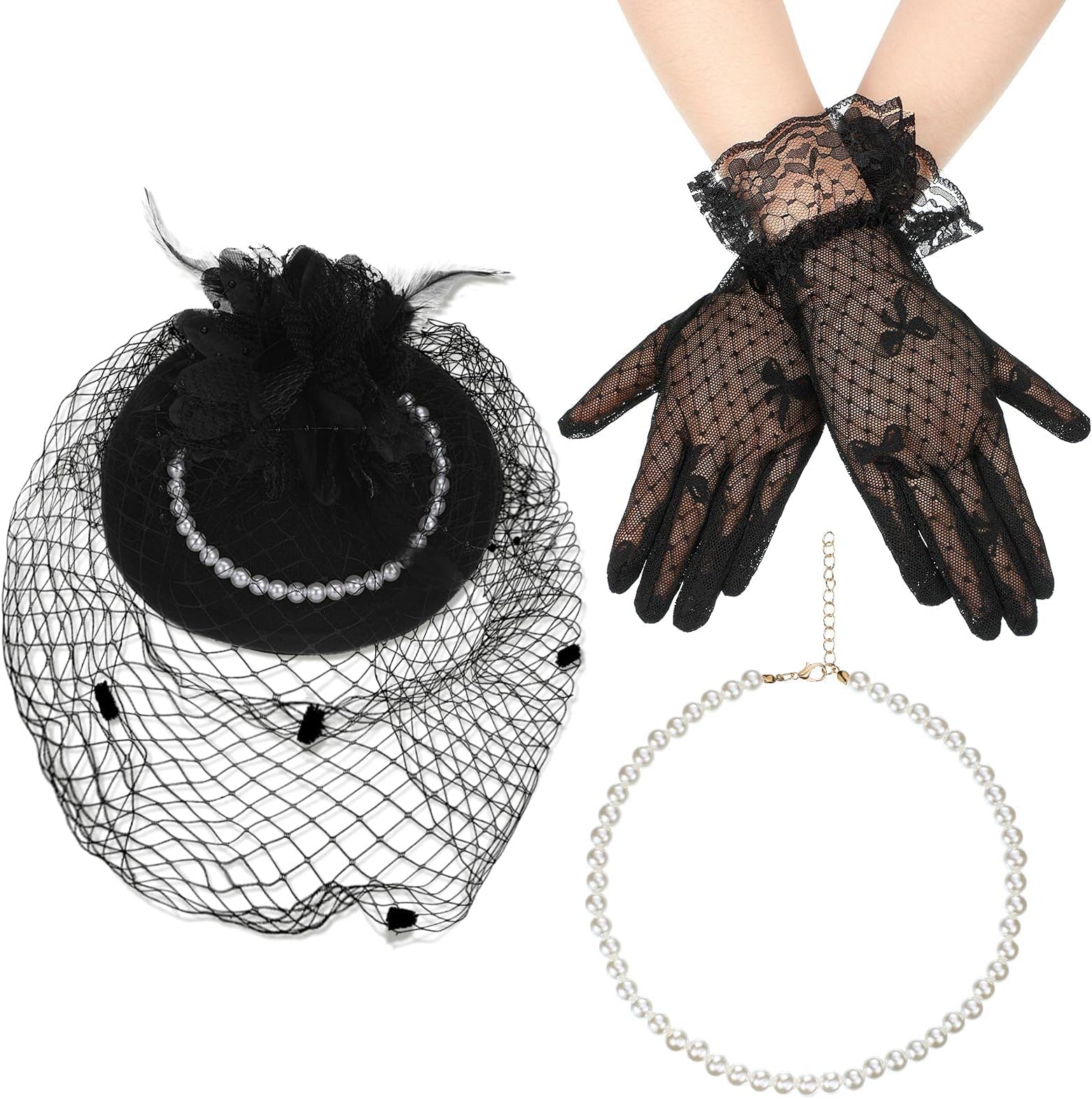 Excefore Fascinators Hat for Women Tea Party Headband Hat with Short Lace Gloves Pearl Necklace for Tea Party Wedding