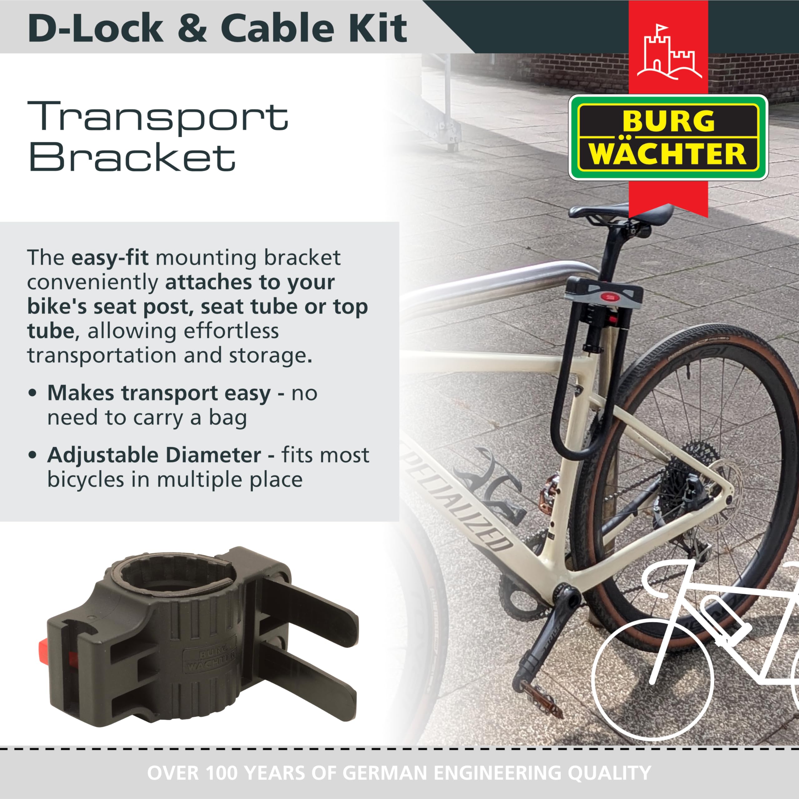 Burg Wächter 1600 HB KIT - Candado en D para bicicleta unisex, color negro, cable grande de 2,1 m