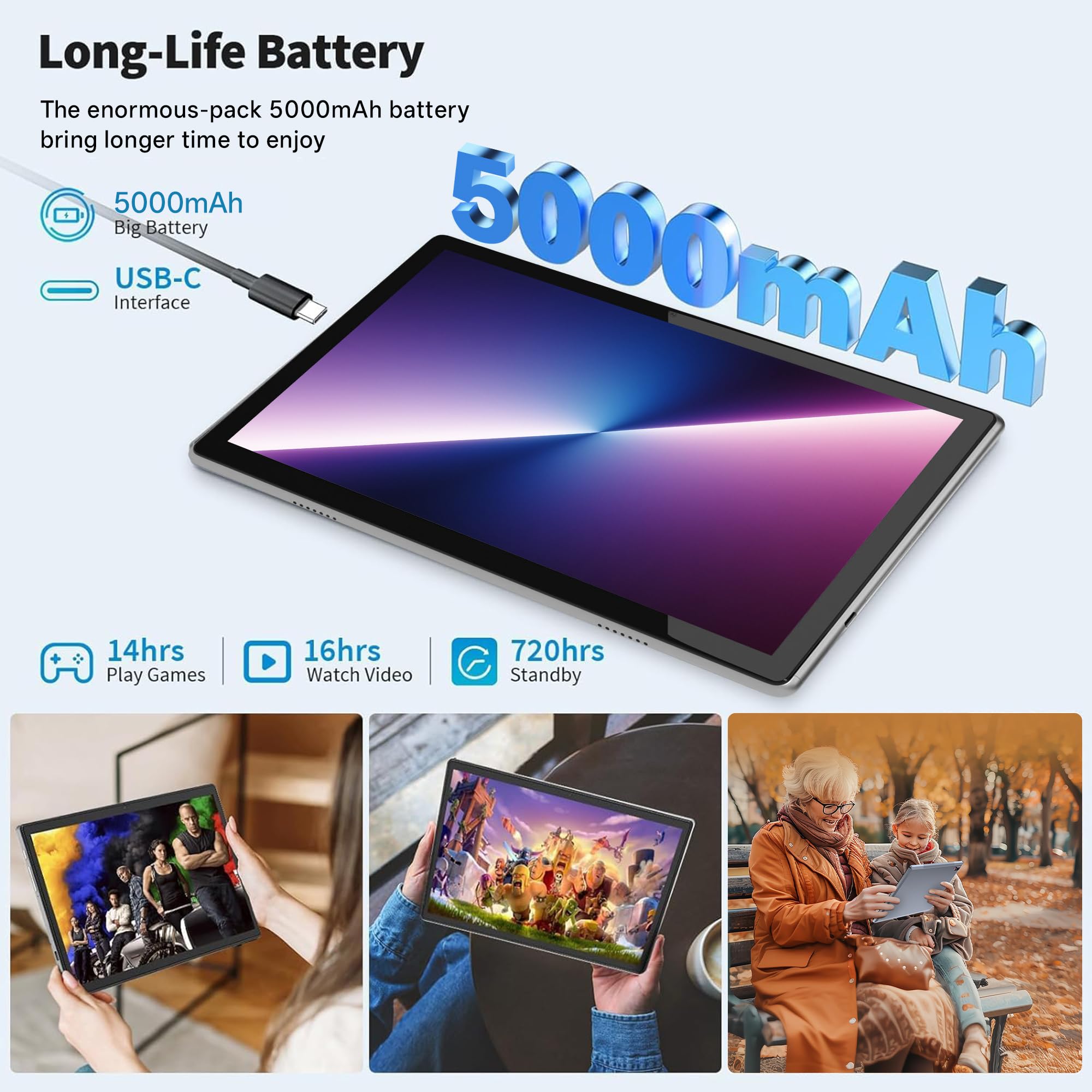 Tibtua Tablette 10,1 Pouces, Android 15, 8Go RAM + 64Go ROM(1 to Extensible) 5000mAh Batterie​, Quad-Cœur 5G WiFi Tablette Tactile, 5+13MP Caméra​, Bluetooth (​Gris​​)