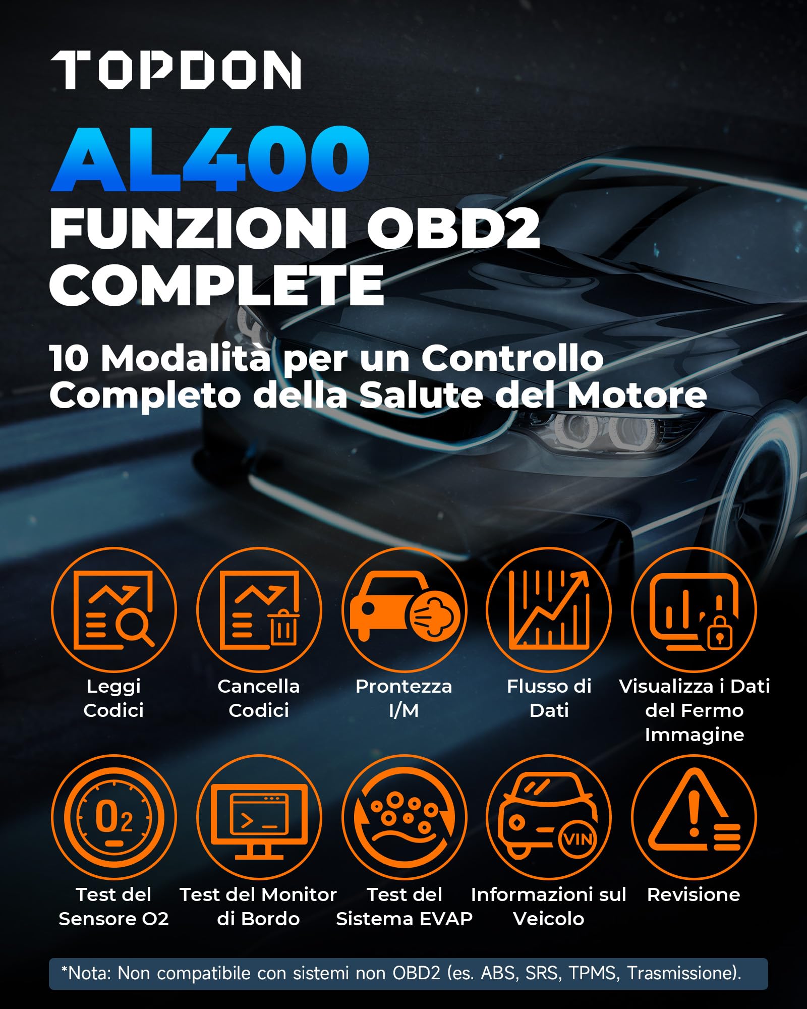 TOPDON AL400 OBD2 Diagnostico per Auto, 10 Modalità OBD2, 2.4 Pollici