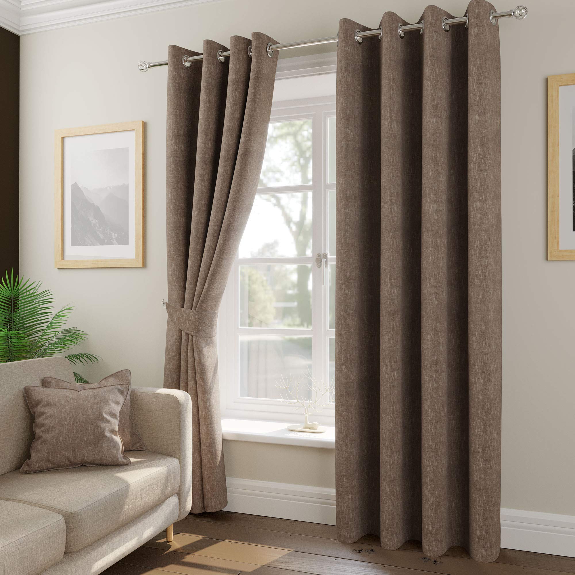 Tatton Latte Weave Effect Lined Ring Top/Eyelet Curtains. 4 Sizes. Cushion Covers & Tie Backs Also Available (66" X 90")