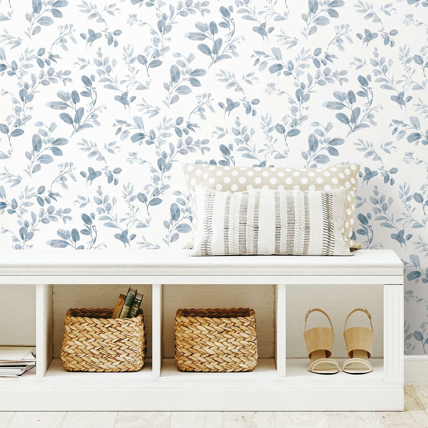 RoomMates RMK12051RL Blue and White Dancing Leaves Peel and Stick Wallpaper