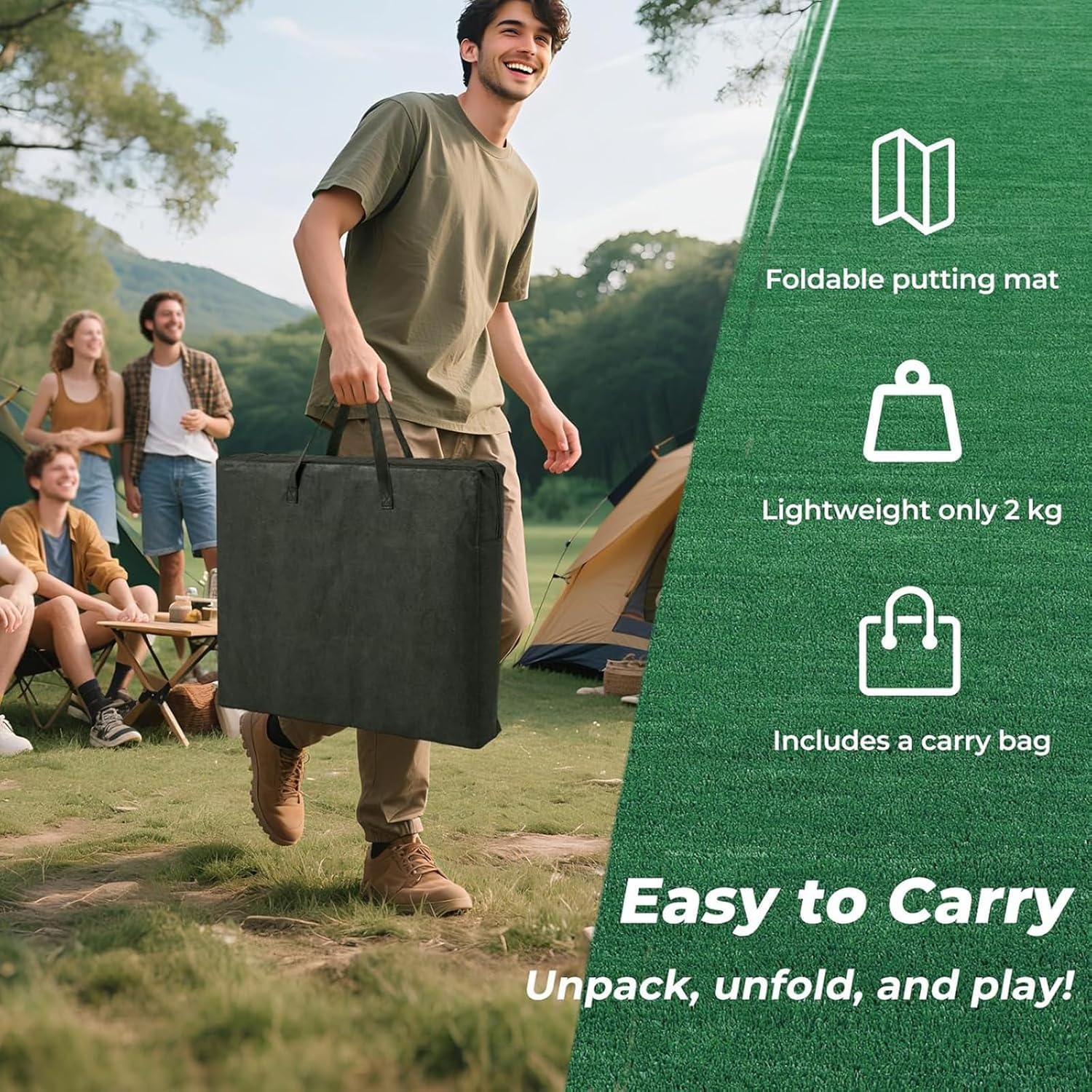 Juego de golf Pong, tapete verde portátil con 2 putters, 6 bolas y 12 fundas de agujeros, bolsa de transporte, para práctica en casa, fiesta en el patio trasero