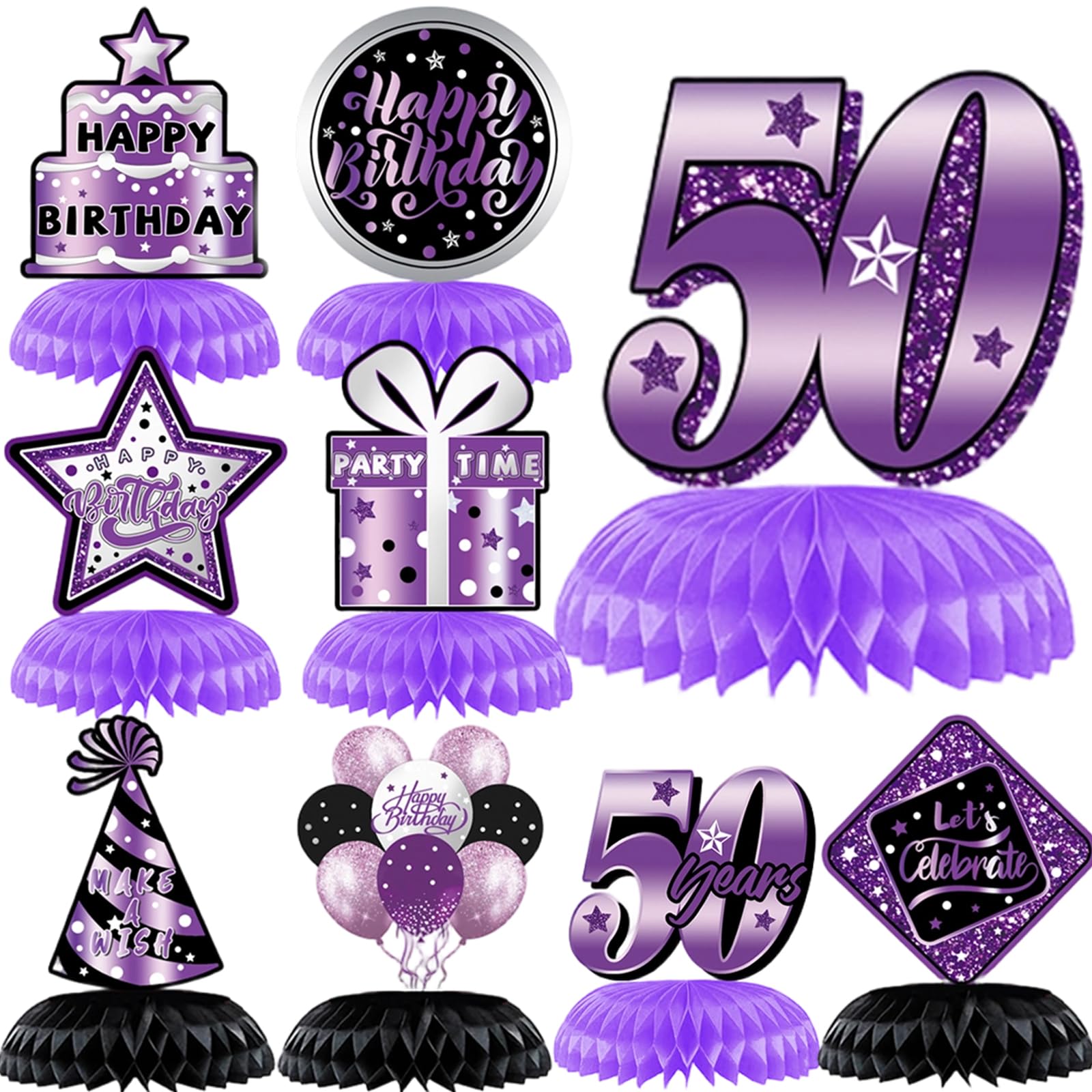 50th Birthday Decorations, 9pcs Black and Purple Honeycomb Centerpieces Table Decorations Reusable Table Toppers Happy 50th Birthday Table Decorations for Women Men