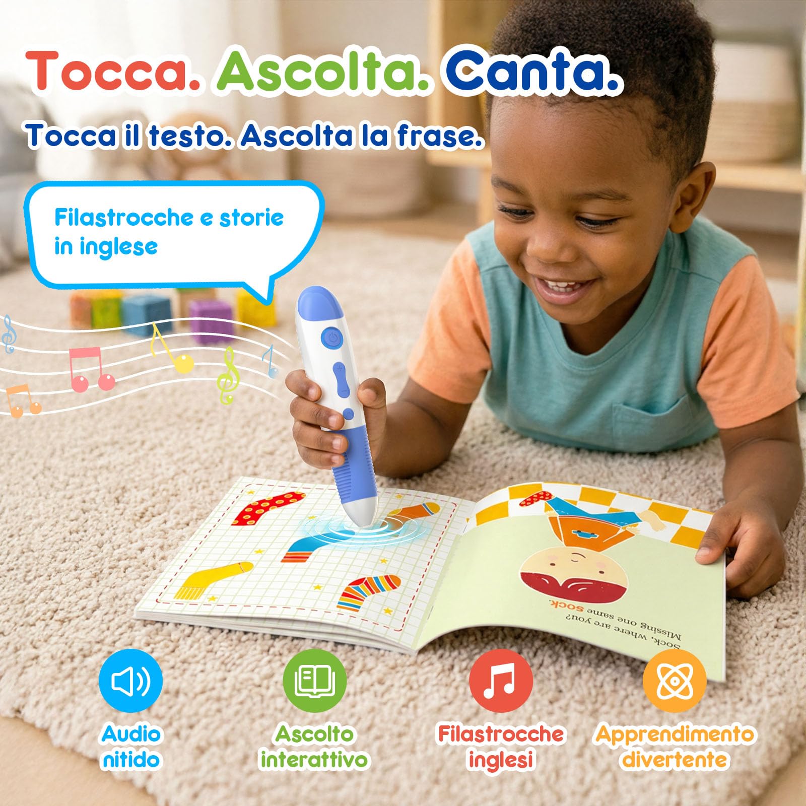 Penna educativa interattiva con 10 libri di canzoni inglesi, penna per bambini da 2 a 5 anni, giocattolo educativo audio, promuovere la voce, ricaricabile (USB-C)