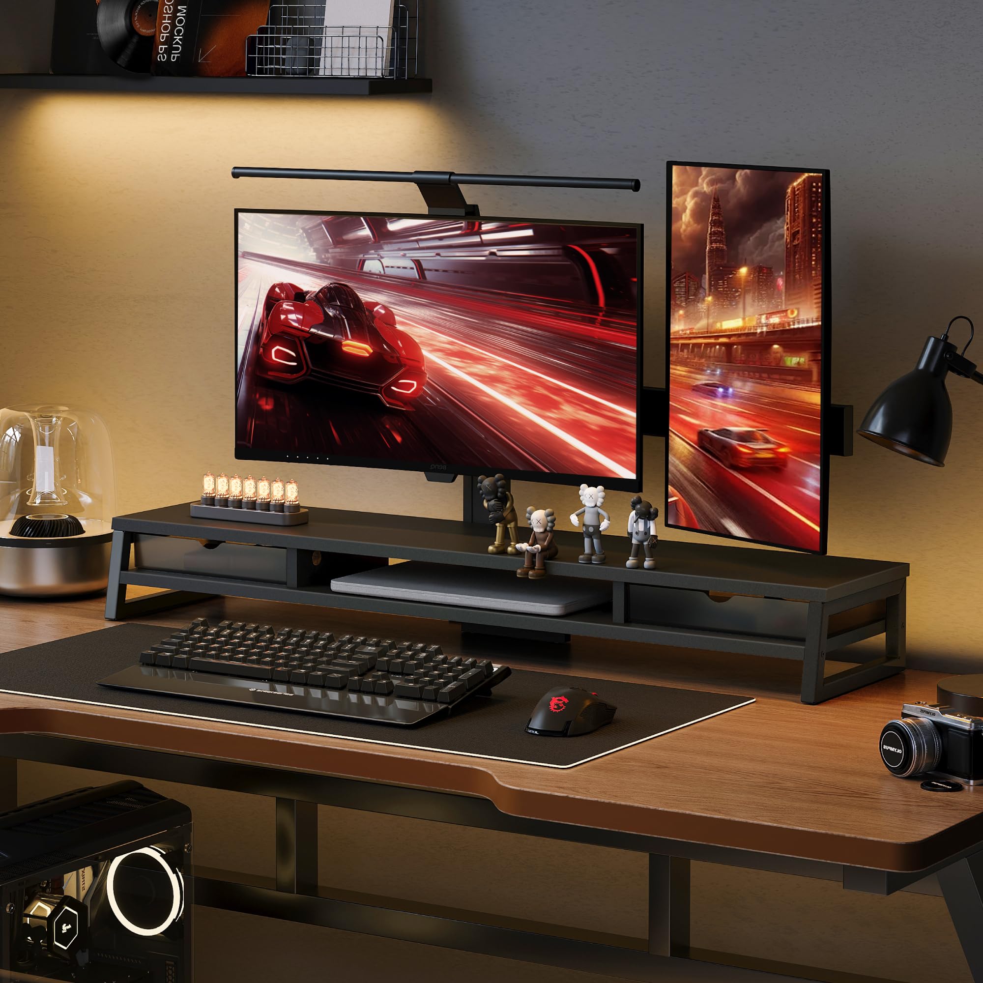 Fenge Dual Monitor Stander Riser Con 2 Cajones de Acrílico, 2 Pisos 108cm Pantalla de Ordenador para PC/Portátil/Fax/Impresora/Pantalla de TV, Capacidad de carga 45KG (Negro)