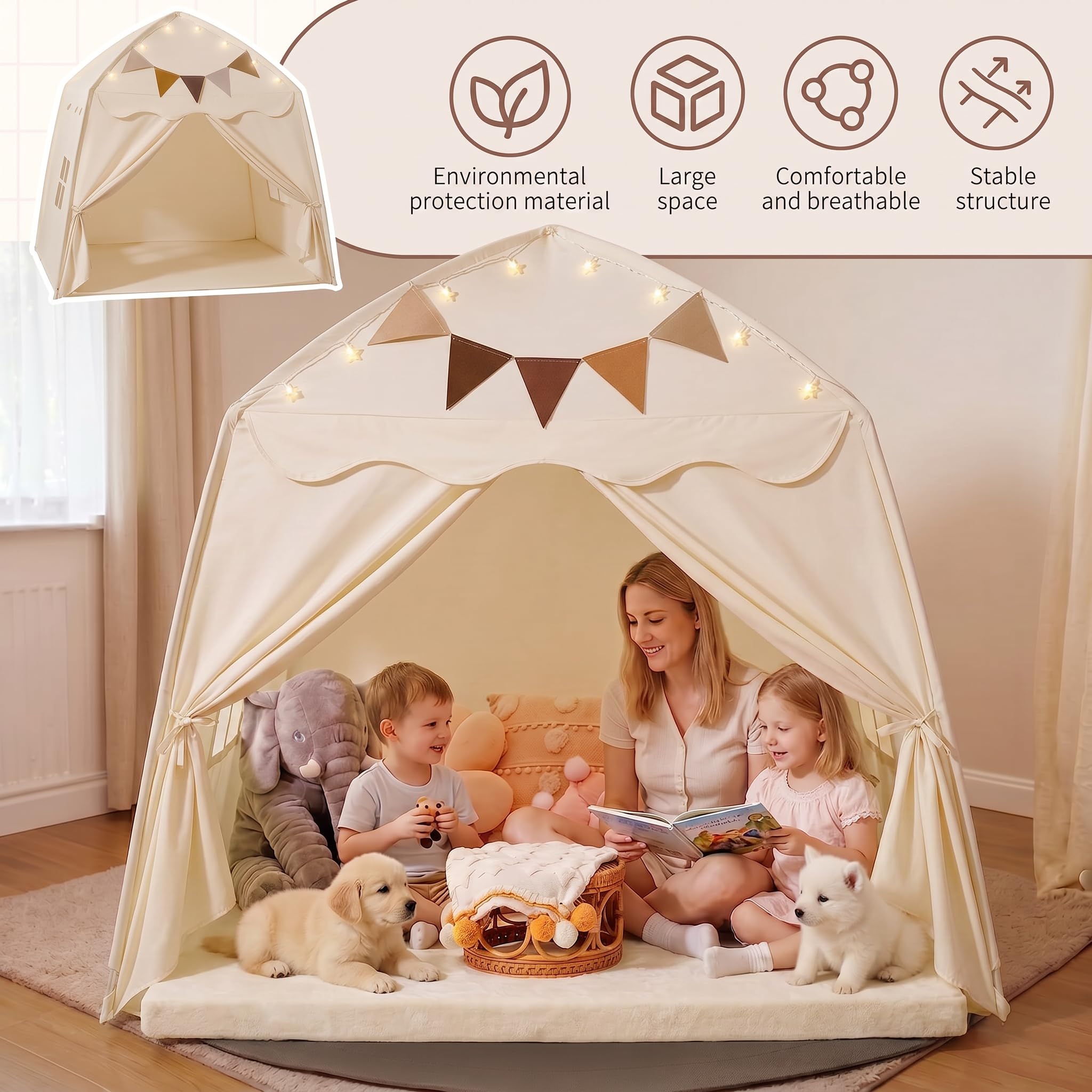 Spielzelt für Kinder, Kinderzelt Spielhaus Indoor Kinderzimmer Deko Für Drinnen Spielzelt Spielgeräte Spielzimmer Faltbares Spielhaus (Beige, Zelt & Lichterkette)