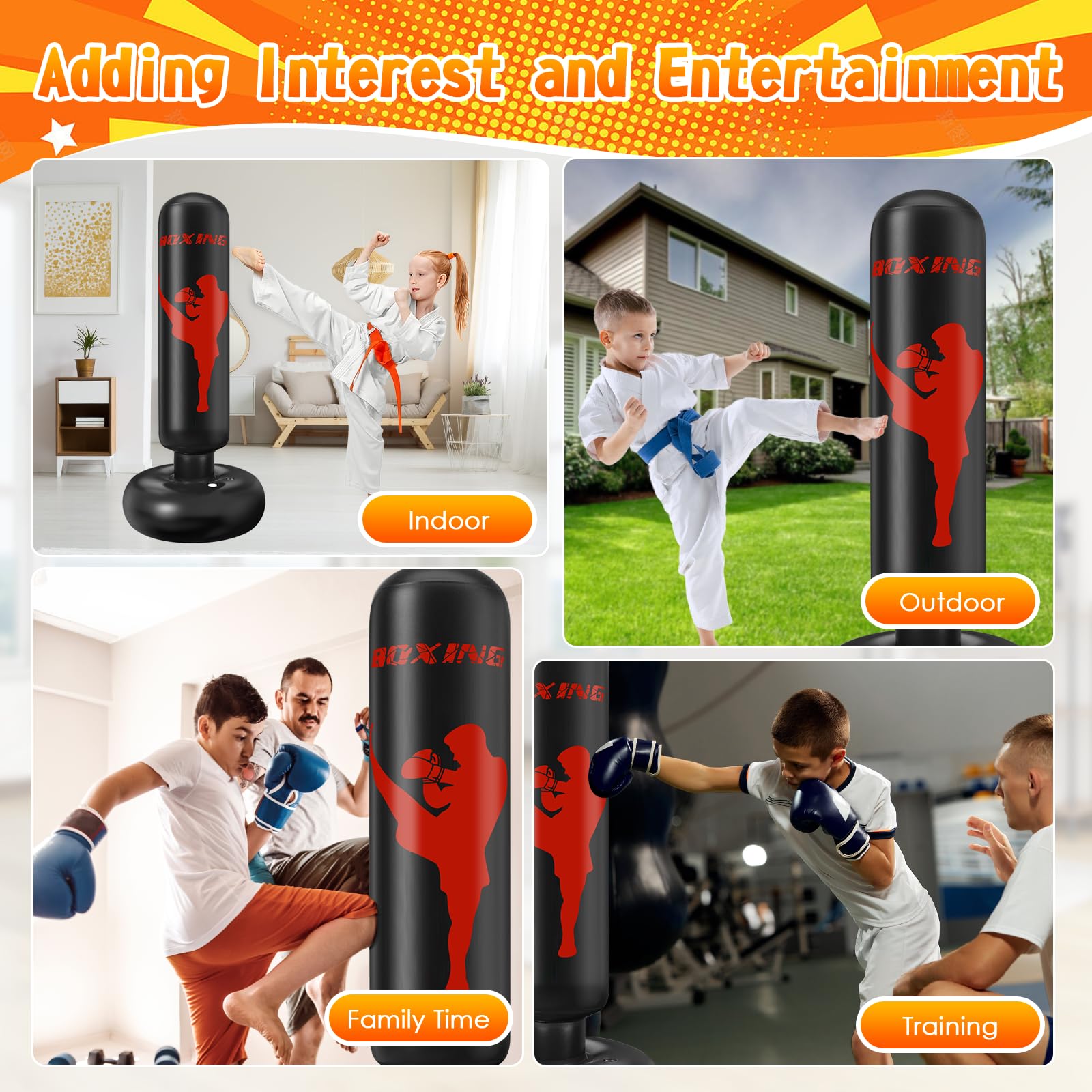 Ninonly Sacco da Boxe per Bambini 160cm con Guantoni e Pompa Punching Ball Bambini Perfetto per Allenamento a Casa, All'Aperto, Sacco Boxe da Terra Ideale