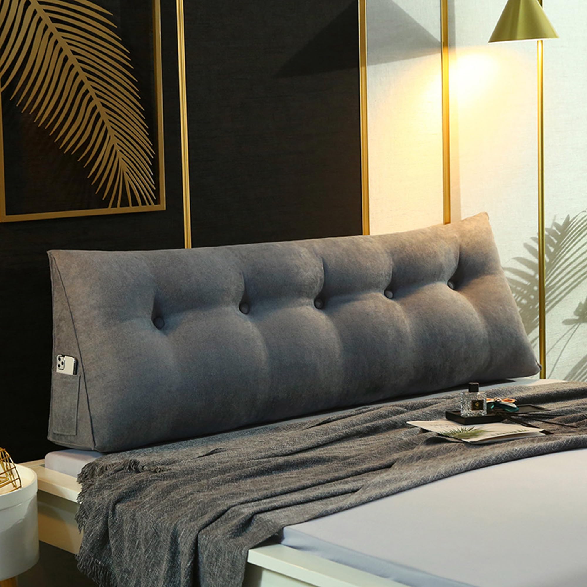 Coussin Lecture WINARA - Triangle Dos Lit/Canapé | Housse Coton/Lin Amovible | Gris 120x50x20cm | Poche