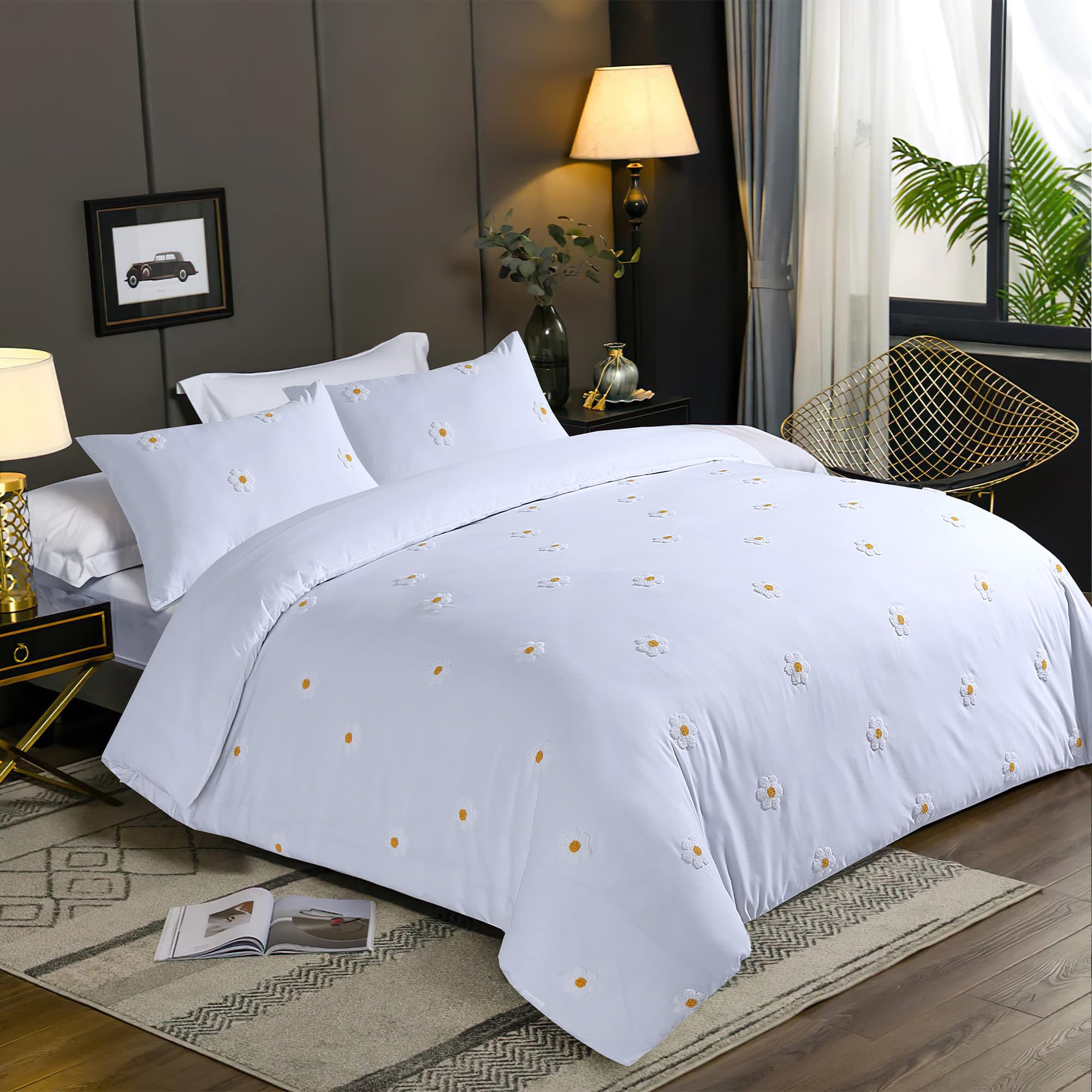 LYMA Bedding Duvet Cover Set Double Daisy Tufted, OEKO-TEX Certified, Ultra Soft NanoPlush Double Brushed Quick Dry Fabric & Button Closure, Wrinkle Fade Resistant Quilt Cover with Pillowcases (White) — image 1