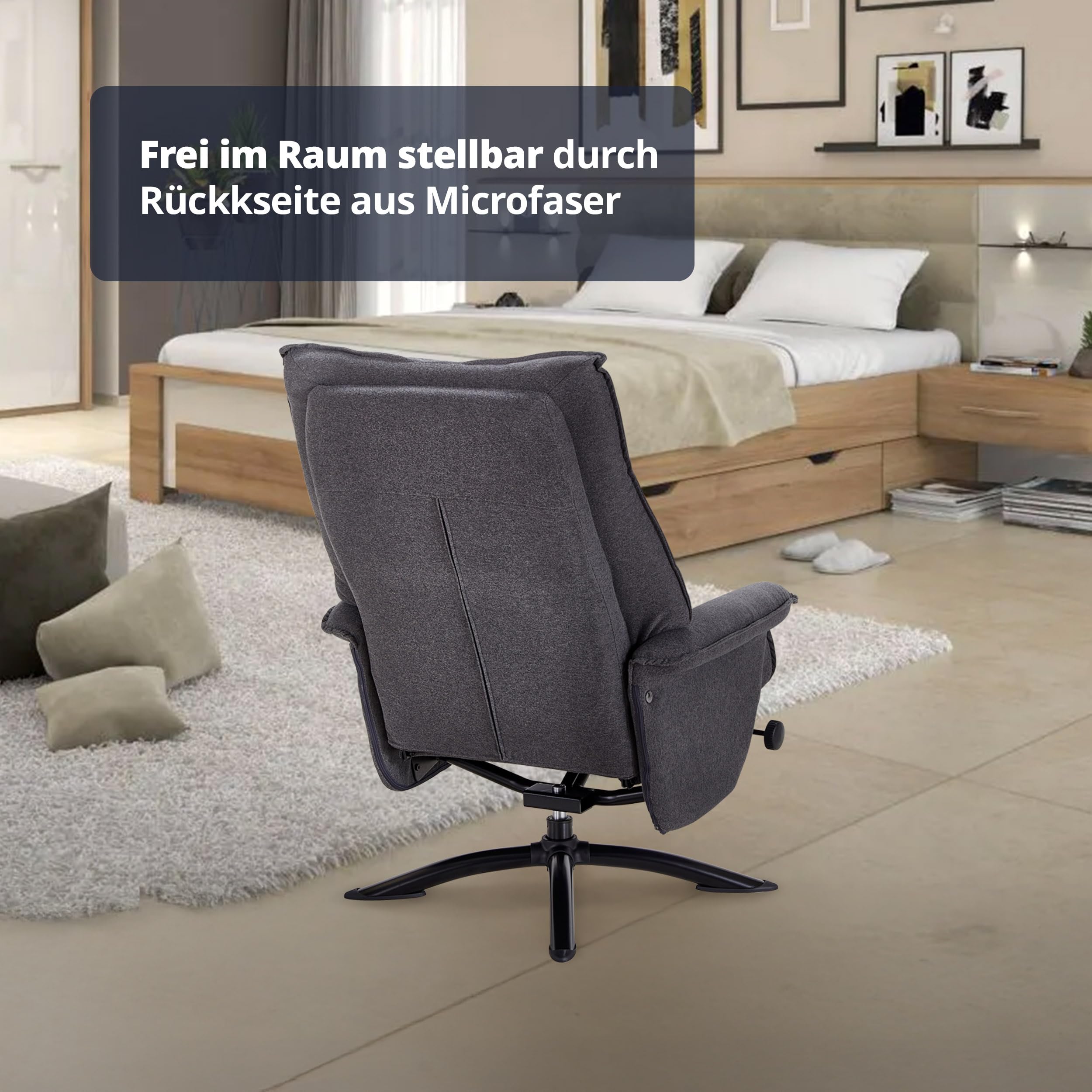KHG Relaxsessel Grau Mikrofaser mit Hocker - hoher Rücken, weiches Nackenkissen & klappbare Lehne, Sitzhöhe ca. 47 cm, frei im Raum stellbar, Metall-Sternfußgestell, ideal für entspannte Momente