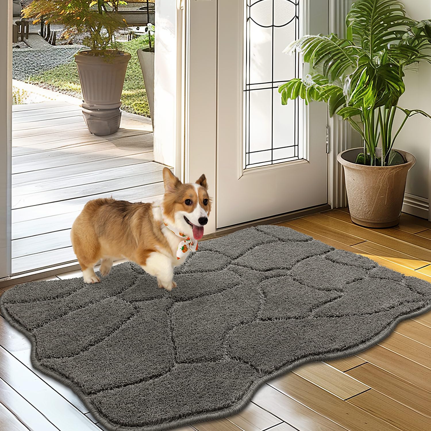 BSICPRO Dog Mat for Muddy Paws, 32x20 Low Profile Absorbent Dirt Trapper Door Mat, Non-Slip Washable Mud Mat for Dogs, Polyester Pet Rug Mat for Front Door Indoor, Patio, Entrance (Gray)