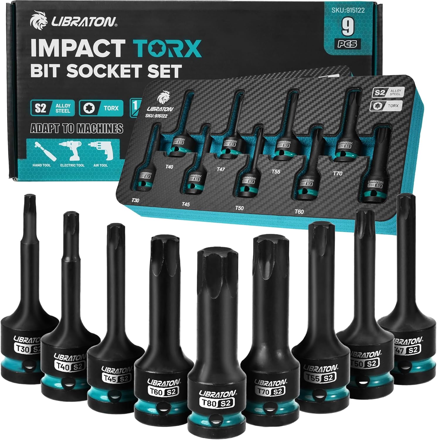 LIBRATON Impact Torx Bit Socket Set, 1/2" Drive, S2 Steel, 9PCS Impact Star Bit Socket Set (T30-T80), High Impact Torx Sockets, XPE Storage, Professional Mechanic and Automotive Repair