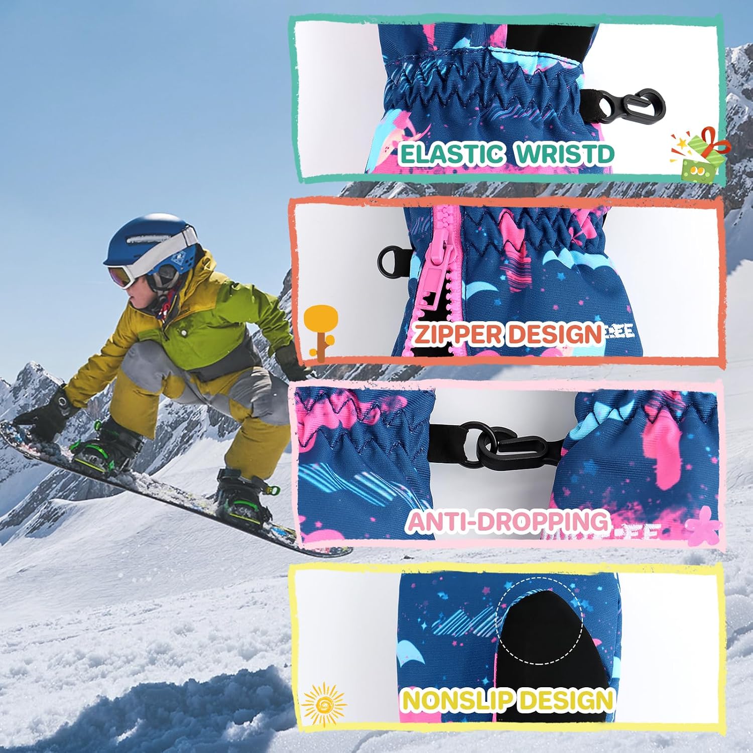 Waterproof Winter Snow Gloves for Toddlers - Zippered Ski Mittens for Baby Boys and Girls