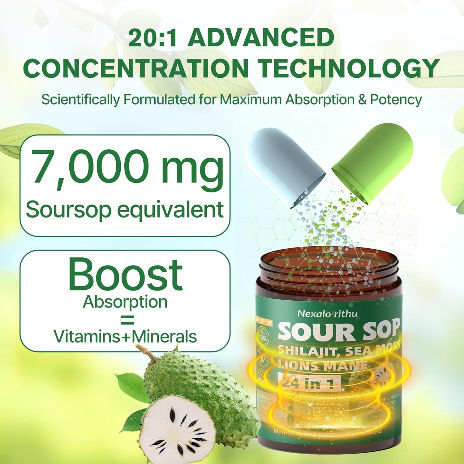 Soursop Capsules – 24-in-1 Soursop Bitters & Herbal Soursop Supplement with Sea Moss, Moringa, Rhodiola Rosea, Shilajit & Ashwagandha for Gut Support,Energy,Immune & Digestive Support,Non-GMO,Organic - Image 5
