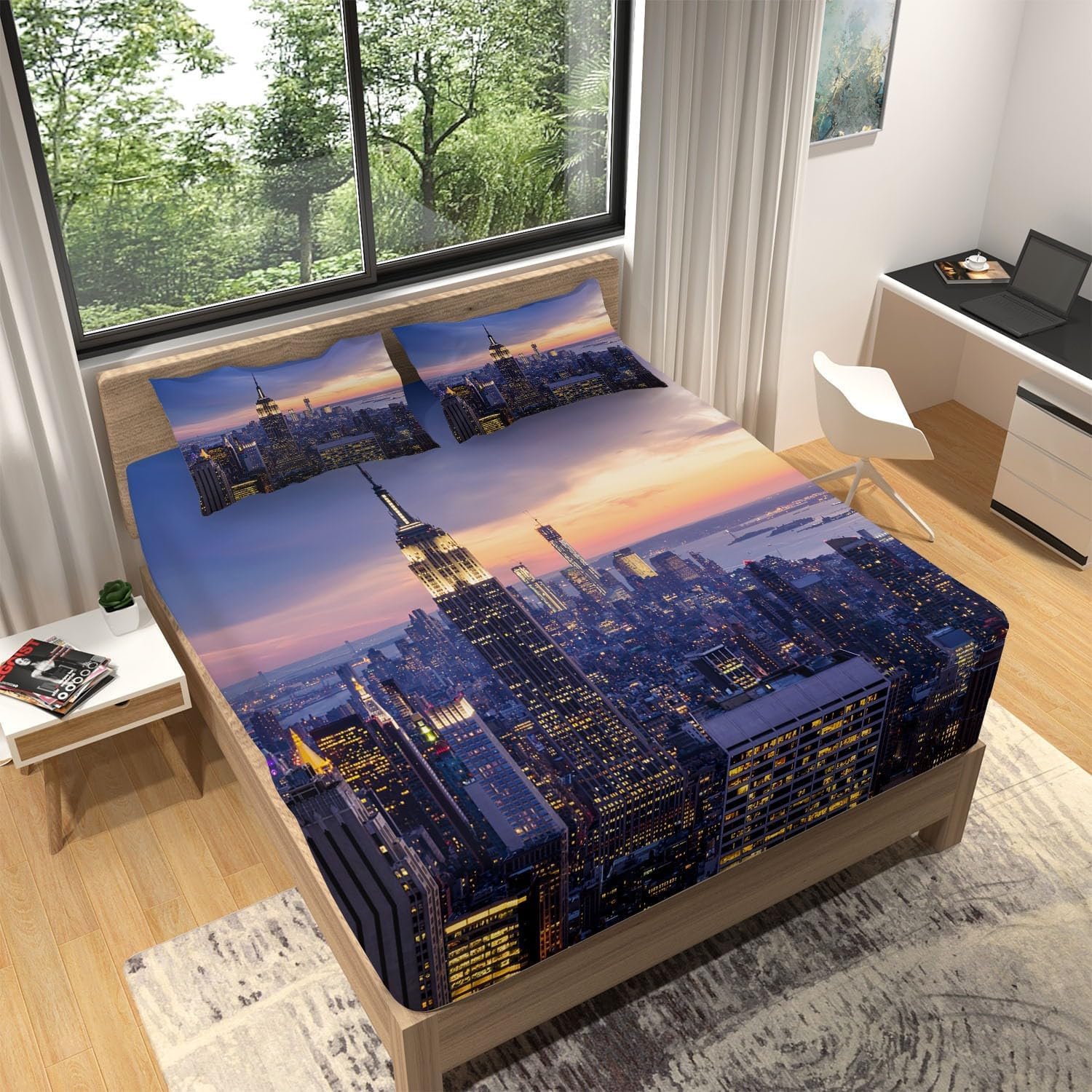 Drap Housse 180x200 New York, 3D Drap-Housse New York Drap Poche Profonde 30 cm, Draps Housse Microfibre, 2 Taies d'oreillers, pour Matelas éPais ii1110