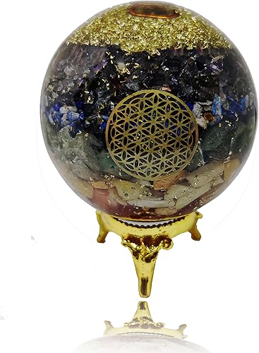 Magickal Hues Bola de orgonita piedra de orgonita cristal curativo amatista chakra obsidiana piedra preciosa y soporte de cuarzo con símbolo de flor