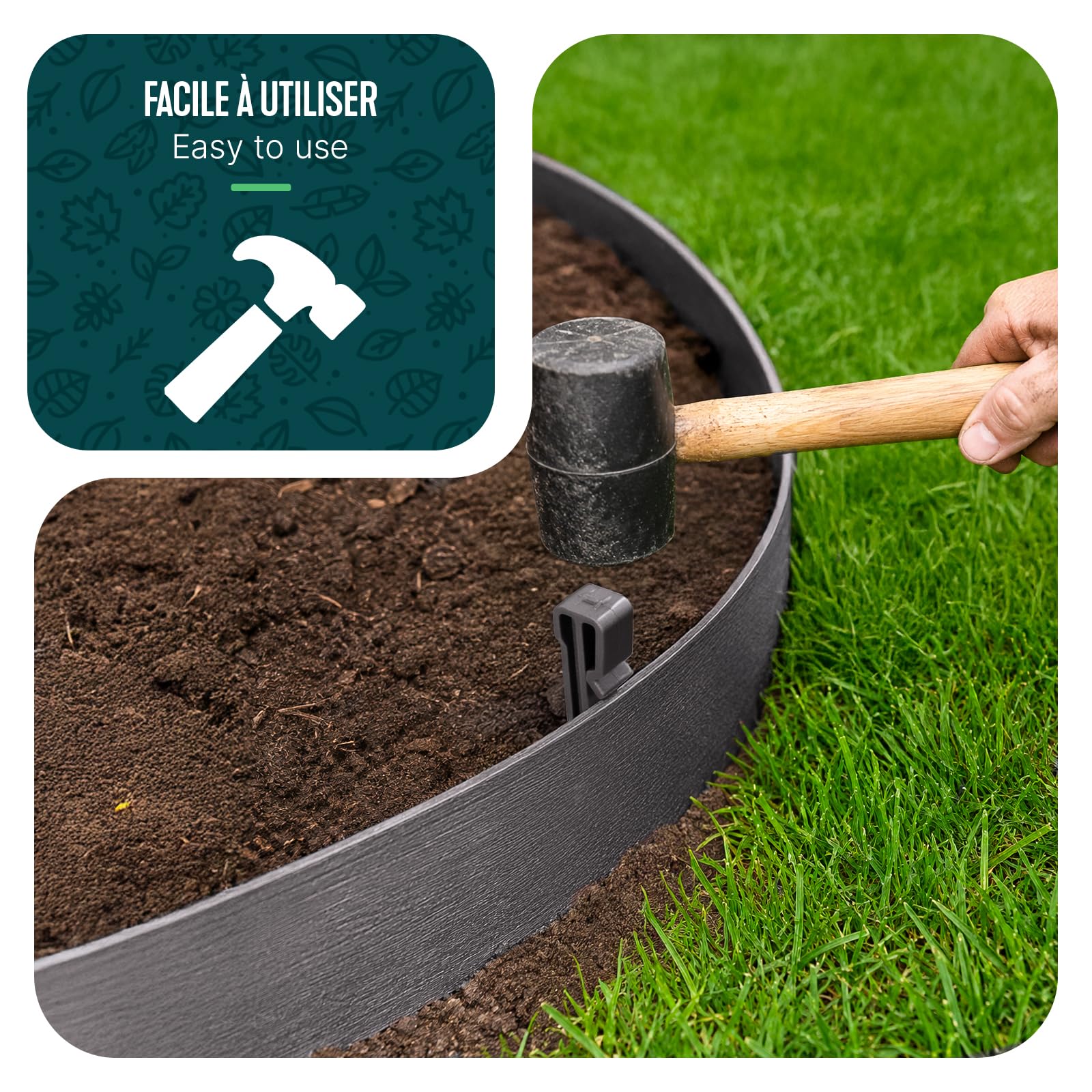 VOUNOT® Bordure de Jardin en PE 20 mètres avec 12 Piquets d’ancrage Bordure de Gazon Flexible Bordurette de Pelouse Aspect Naturel Hauteur 13cm Epaisseur 3mm Gris