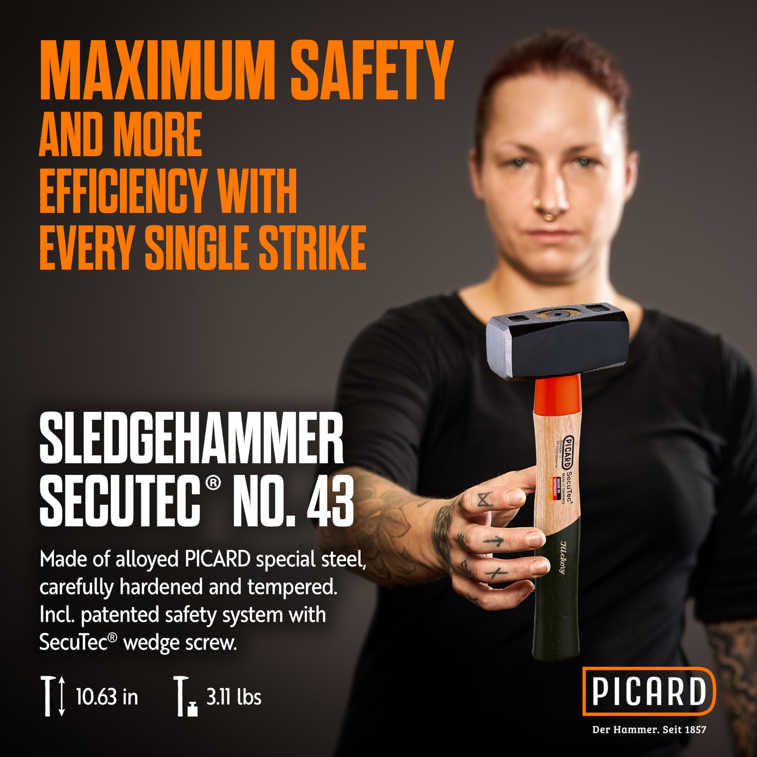 PICARD Martello mazza SecuTec®, No. 43 HS, 1.250 g | Mazza da fabbro con sistema di sicurezza brevettato | Martello professionale con manico in hickory