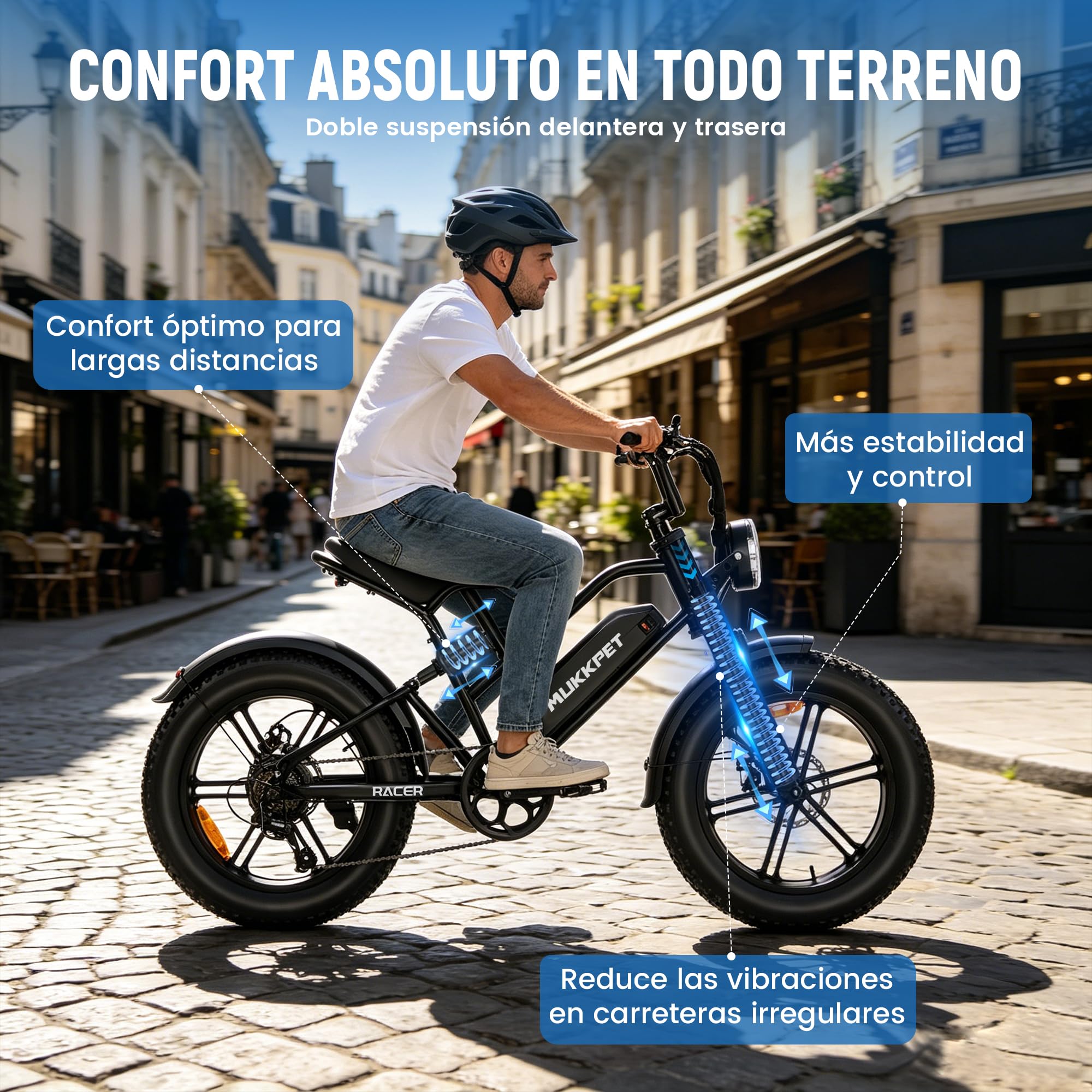 Mukkpet Racer Ebike, Bicicleta EléCtrica 48v 18ah 864Wh, AutonomíA 120 Km, para Adultos, Velocidad Legal 25 Km/H, Todoterreno, Doble SuspensióN, 7 Velocidades, NeumáTicos Fat 20” X 4.0