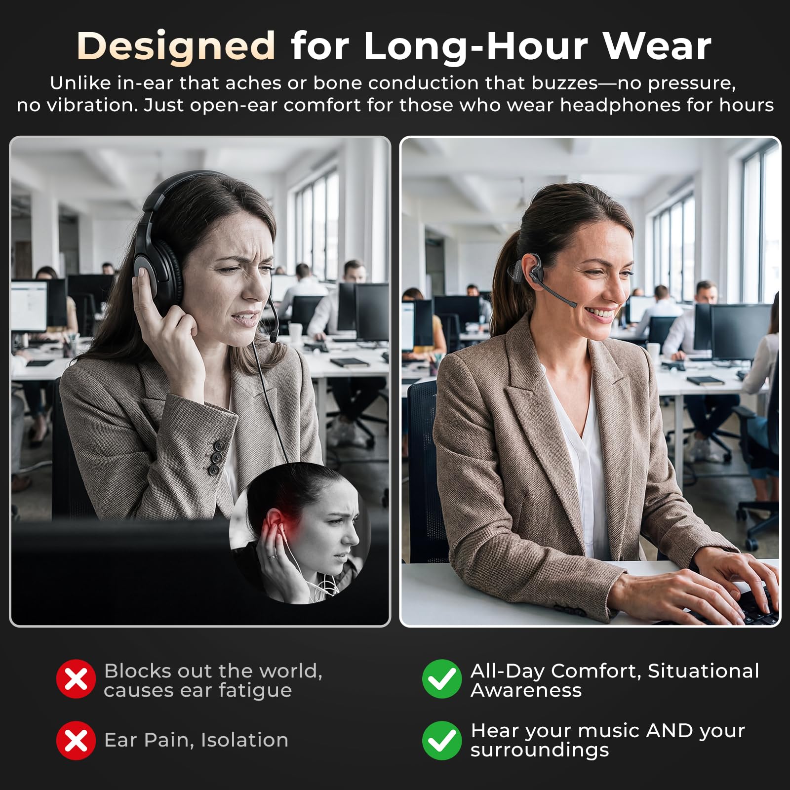 Cuffie aperte con microfono, cuffie wireless con microfono per chiamate di lavoro, microfono con cancellazione del rumore AI, cuffie Bluetooth Trucker a conduzione d'aria con pulsante mute, 32 g