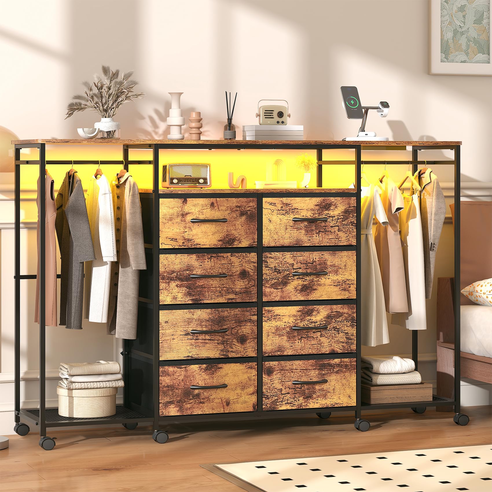 Frmobepts 59.1" W Dresser for Bedroom with Hanging Rack, 8 Drawer Dresser with LED Lights & Charging Station, Fabric Dressers with Portable Wheels,