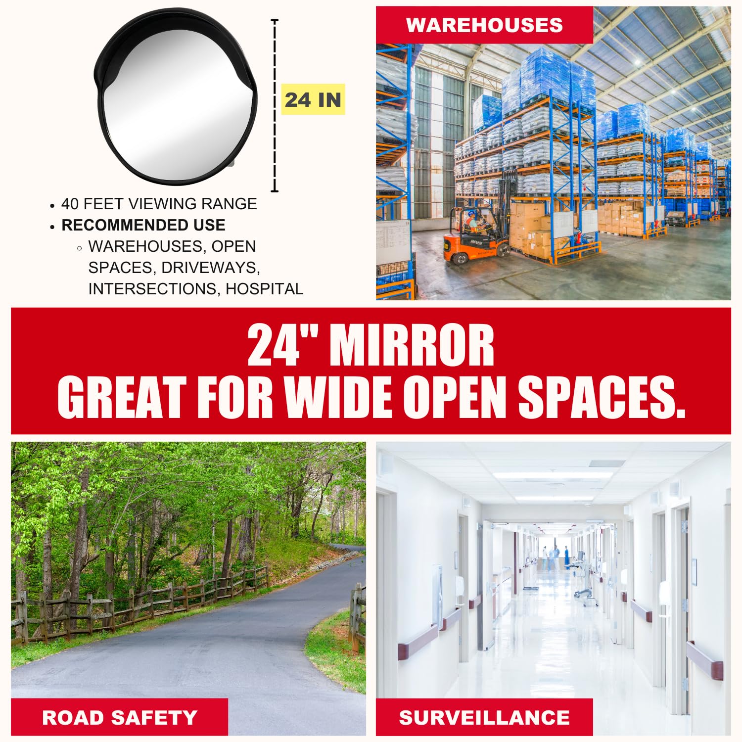 SecurityMan Large 24 Inch Convex Mirror for Blind Spots - 40 Ft Range Wide Views for Driveways, Intersections, Warehouses, Roads, and Large Facilities - Shatterproof Indoor & Outdoor Security Mirror