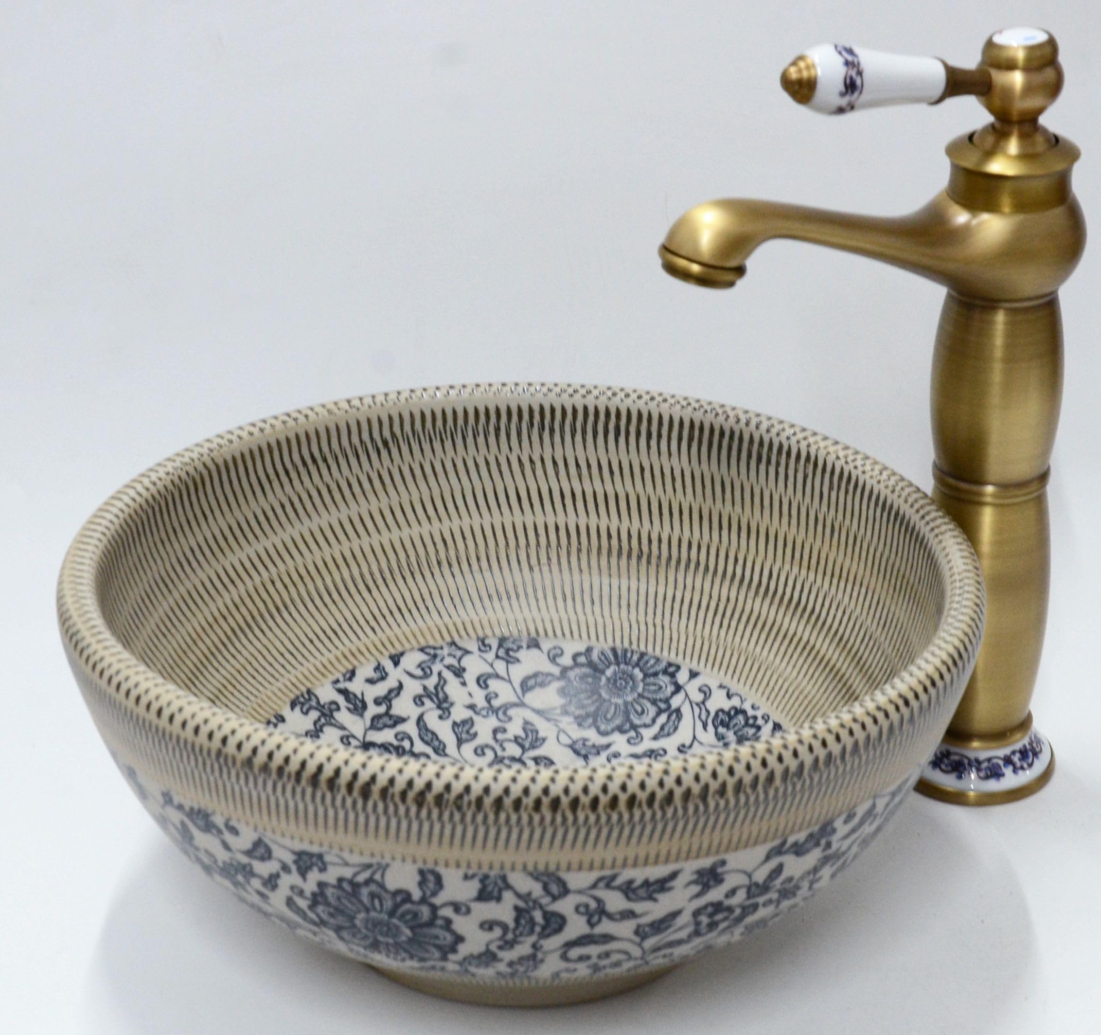 Floral Vintage Bathroom Cloakroom Ceramic Counter Top Basin Sink Washing Bowl (30cm, Green Floral)