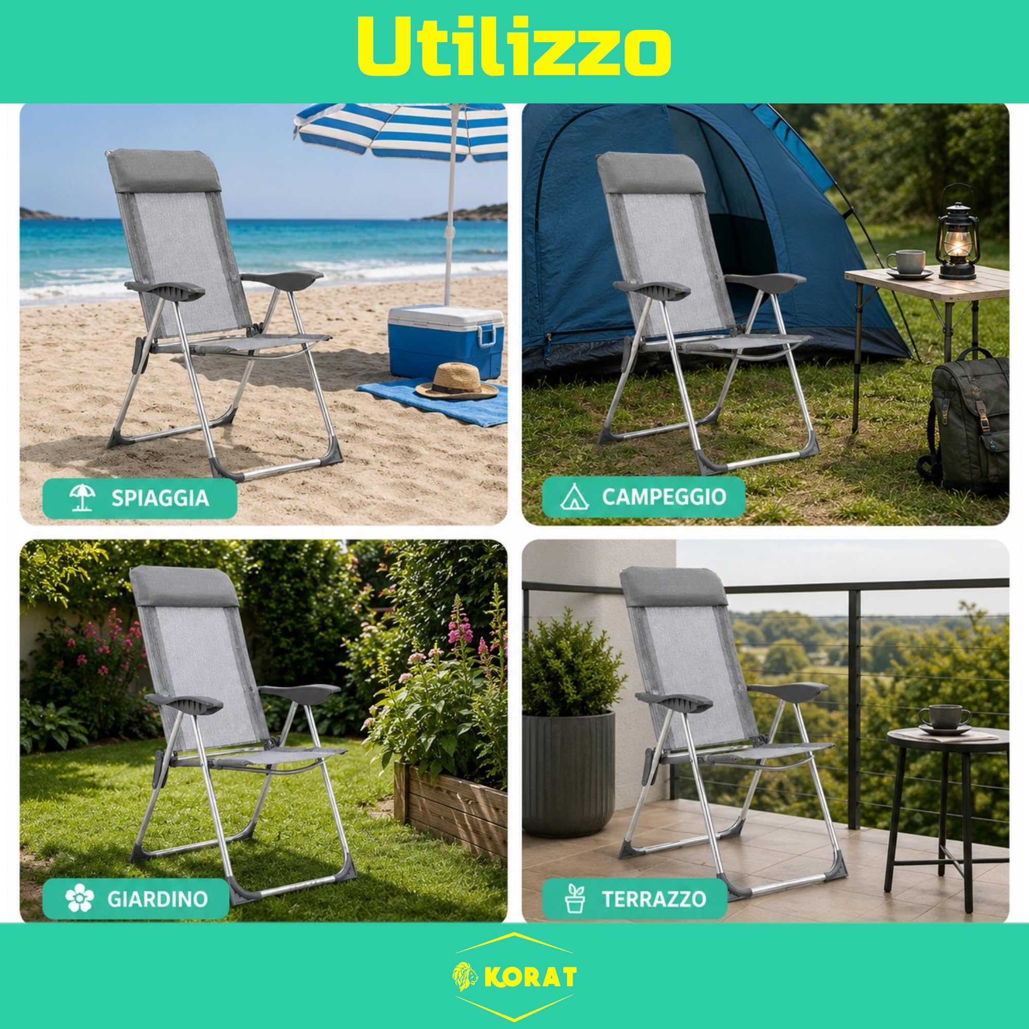 KORAT - Sedia Mare Pieghevole in Textilene con Poggiatesta, Struttura in Alluminio e Braccioli Ergonomici, per Spiaggia Campeggio Giardino, 58x38x110 cm - Spiaggina - Grigio
