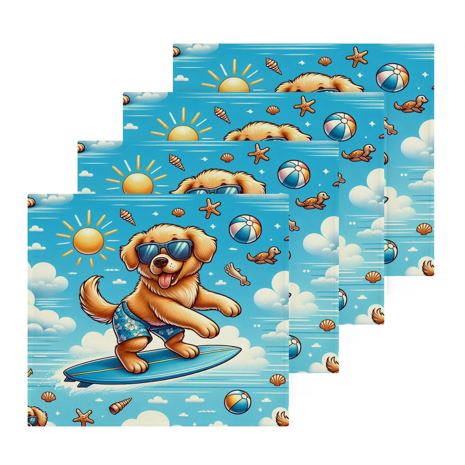 YANENDIE Summer Surfing Dog Washcloths Towels, Highly Absorbent and Soft Cotton Face Cloths, 4 Pack Quick Dry Wash Cloths - 12 X 12 Inches