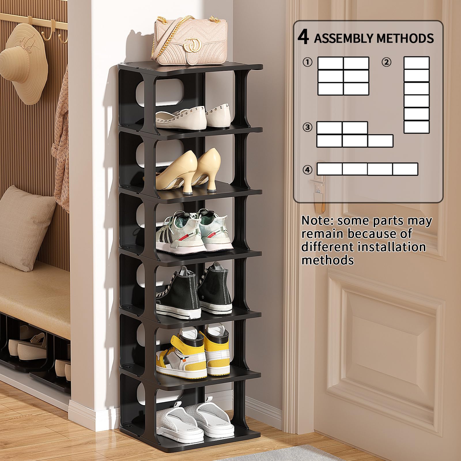 Zapatero vertical negro de 14 niveles para entrada de puerta delantera, organizador de zapatos alto para espacios pequeños, armario estrecho y pequeño estante para zapatos, estante de pie libre 3