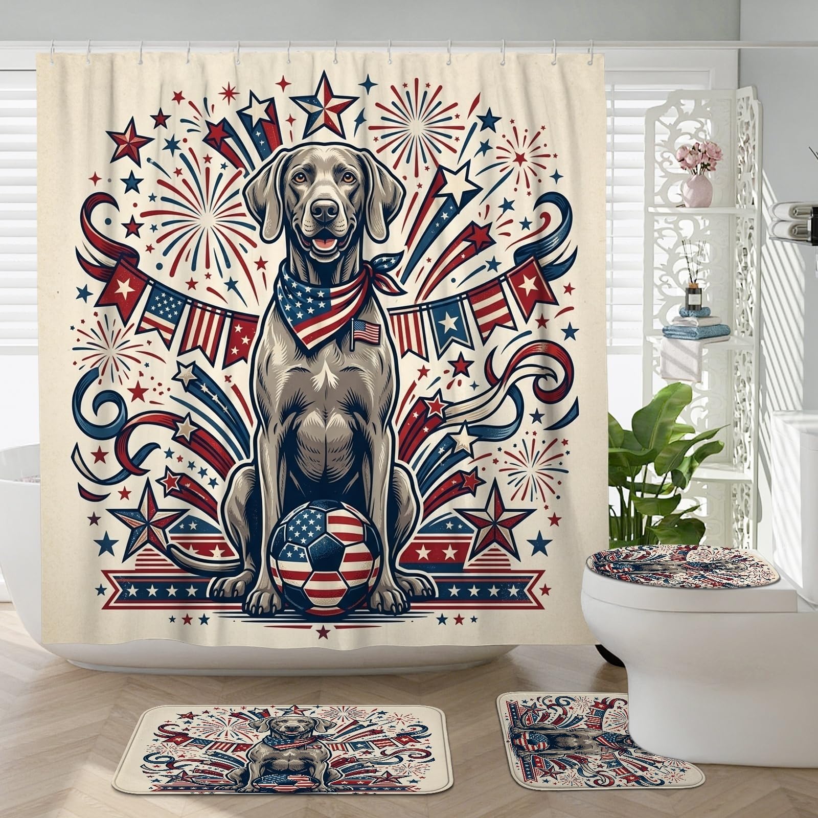 Rideau de douche motif chien de Weimar football pour salle de bain rétro