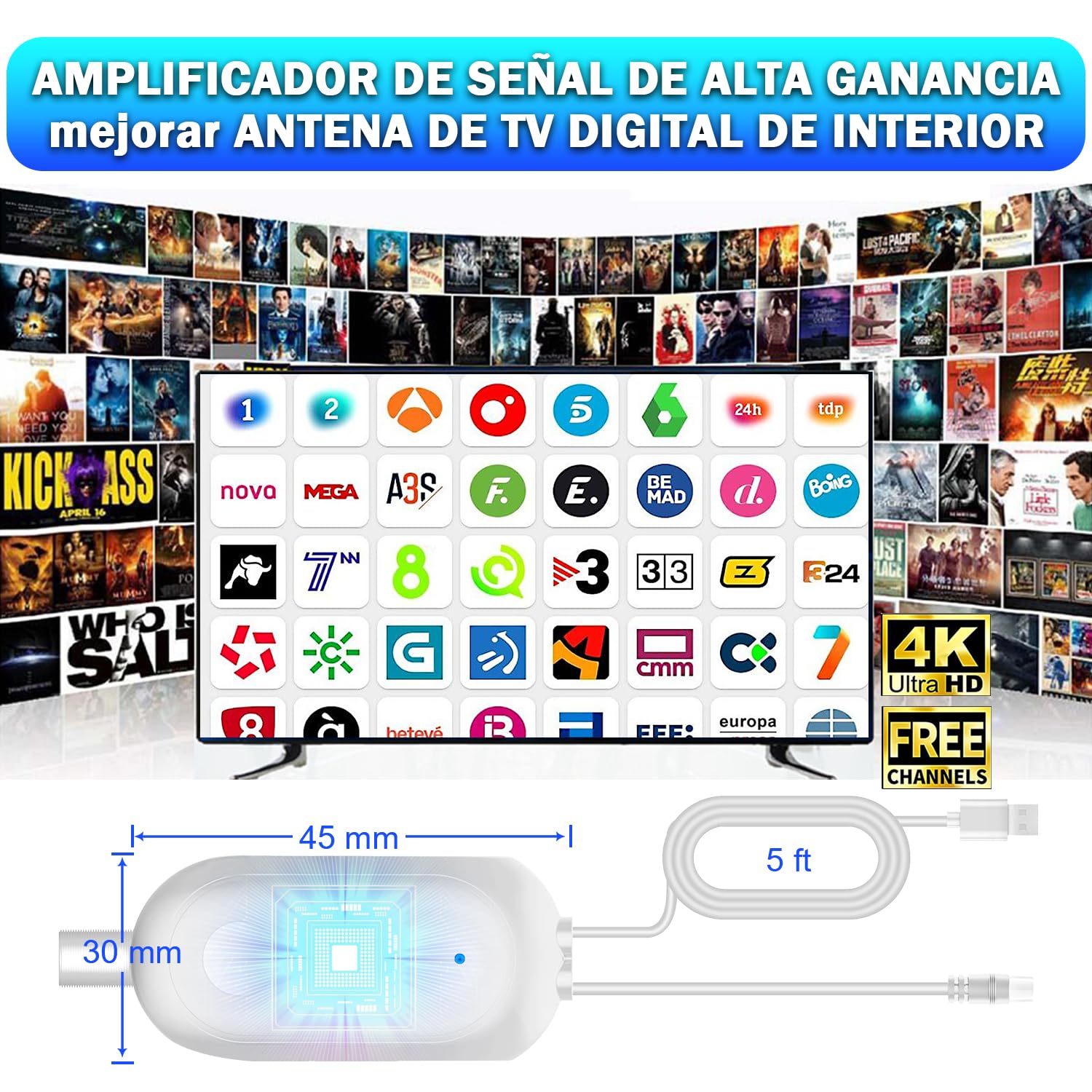 Amplificador de Señal para Antena TV Interior – USB Booster para TDT DVB-T/DVB-T2, Mejora Recepción para Canales HD 4K, Compatible con Smart TV, Cable USB 1 m + Coaxial 0,3 m (White)