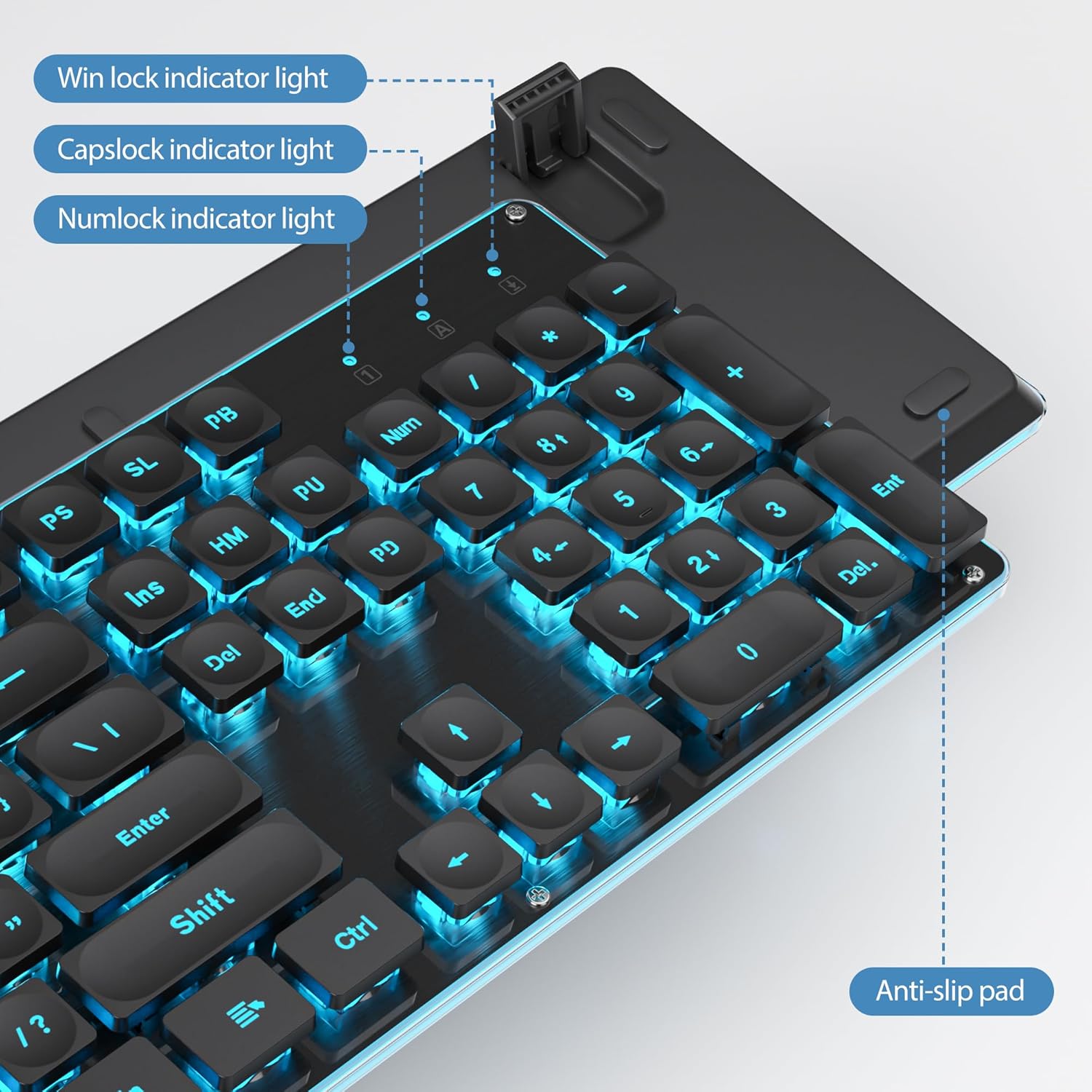 Close-up of the top right corner of the Surmen G1000 keyboard showing Win lock, Caps lock, and Num lock indicator lights
