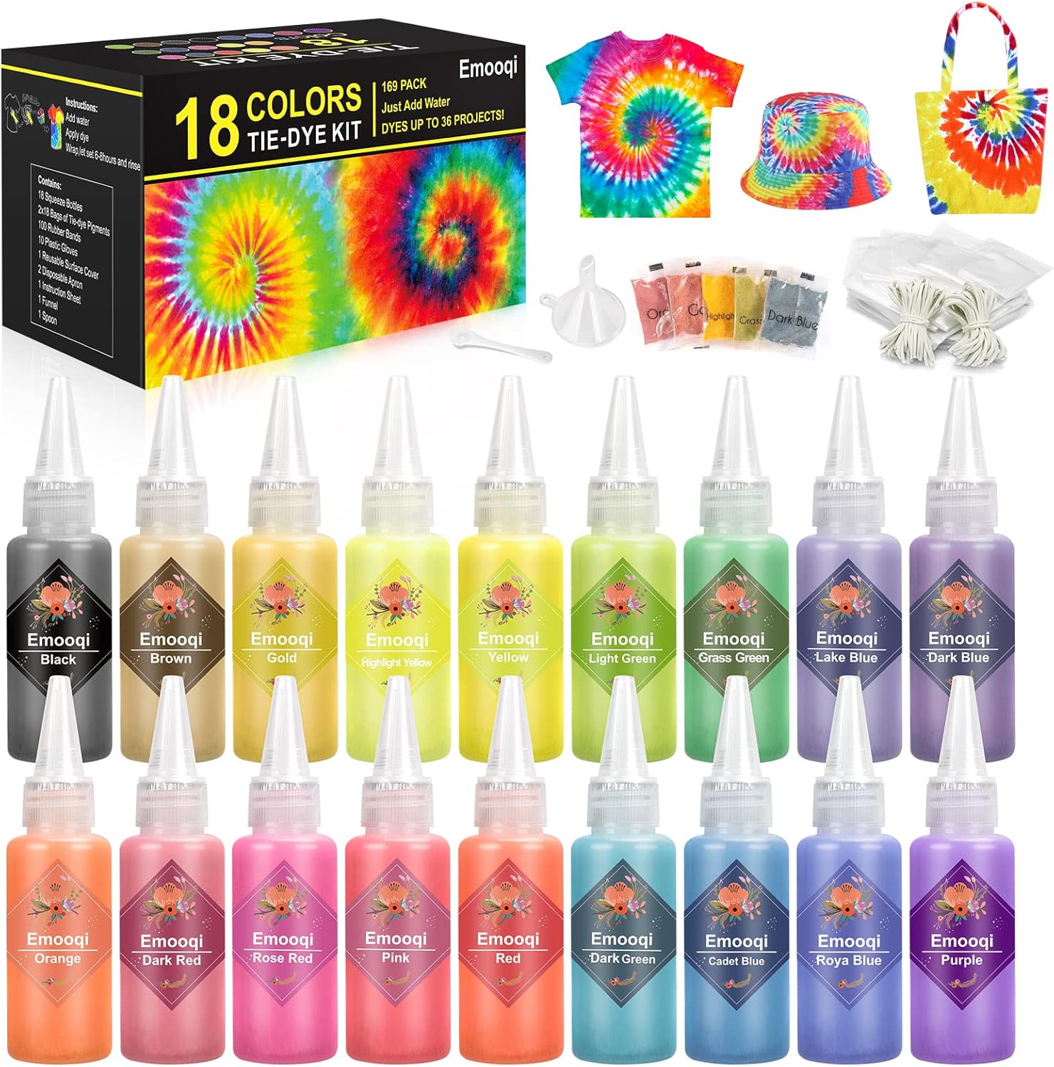 Tie Dye Kit, Emooqi 18 Colours All-in-1 Tie Dye Set with 36 Bag Pigments , Rubber Bands, Gloves, Apron and Table Covers for Craft Arts Fabric Textile ...