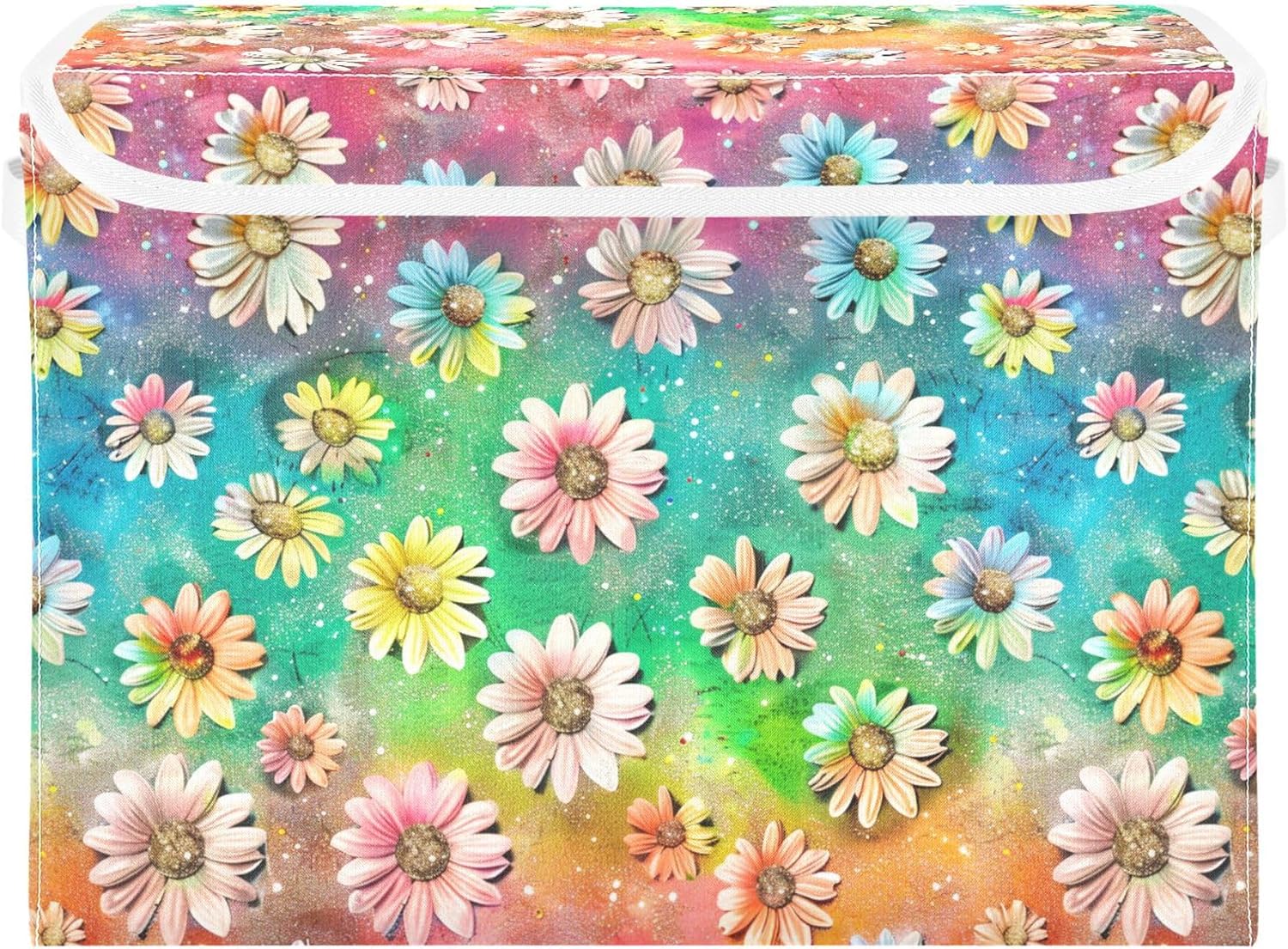 JUNZAN Glitter Colorful Daisies on Rainbow Storage Bins with Lids Stackable Storage Baskets Closet Organizers and Storage for Home Studyroom Office Basket