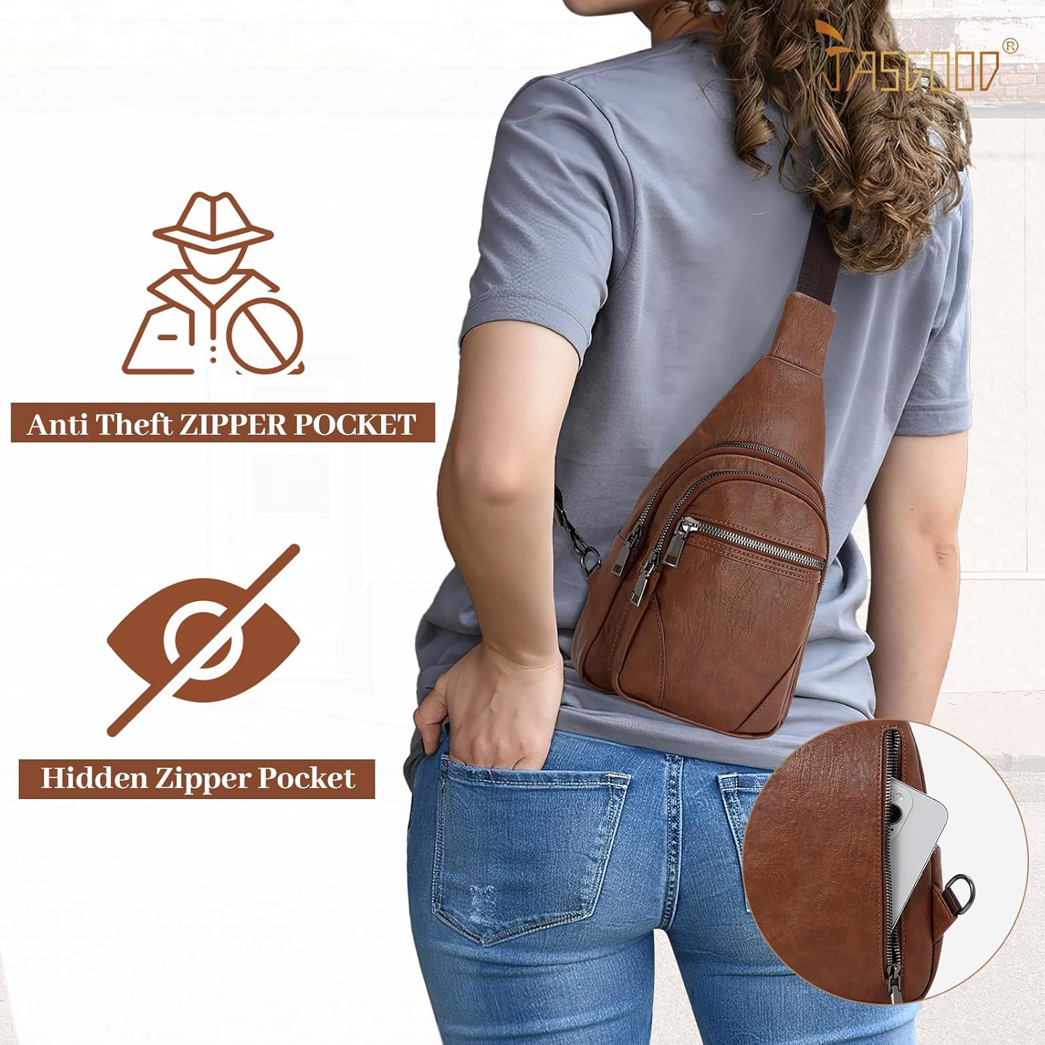 JASGOOD Anti Theft Small Sling Bag for Women Leather Fanny Packs Crossbody Bags Trendy Anti-Theft Sling Purse for Travel - Image 3