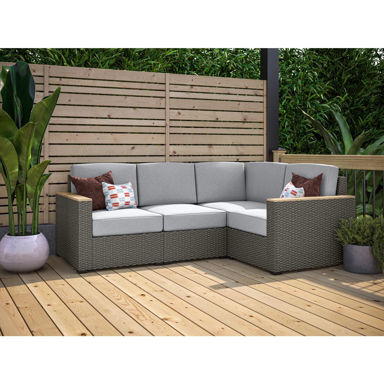 Cushions Only for -Homestyles 6801-40 4 Boca Raton Outdoor Sectional Sofa Seating, Weatherproof Woven Wicker Rattan with Acacia Wood Accents, Grey/Brown