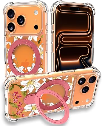 Clear Magnetic Cover Ring Stand Military-Grade Slim Case for iPhone 17 Pro Max - White Lily